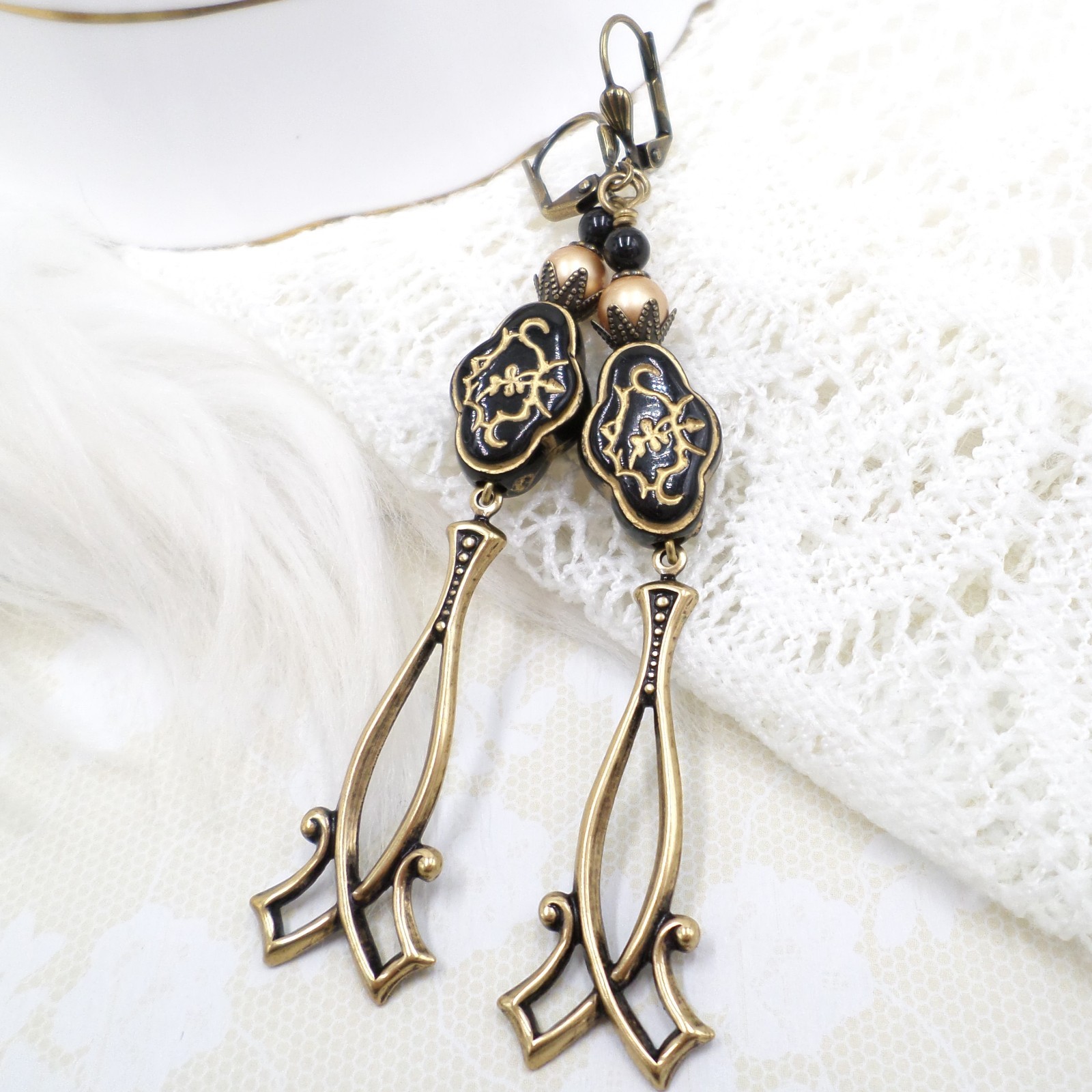 Antique Brass Dangle Earrings Black Gold Floral Acrylic Beaded Victorian Jewelry