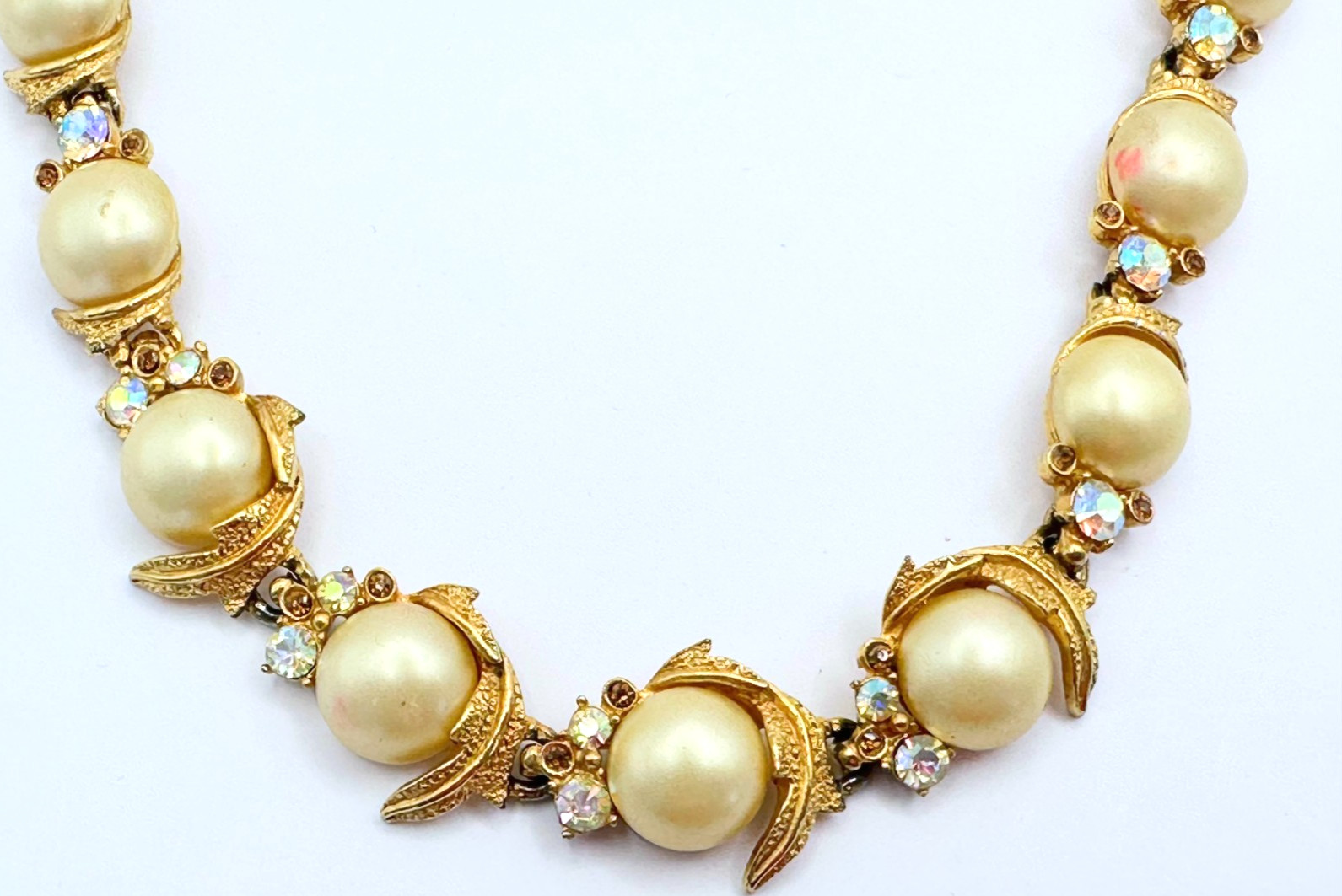 Signed ART Gold Tone Faux Pearls Rhinestones Choker Necklace Vintage