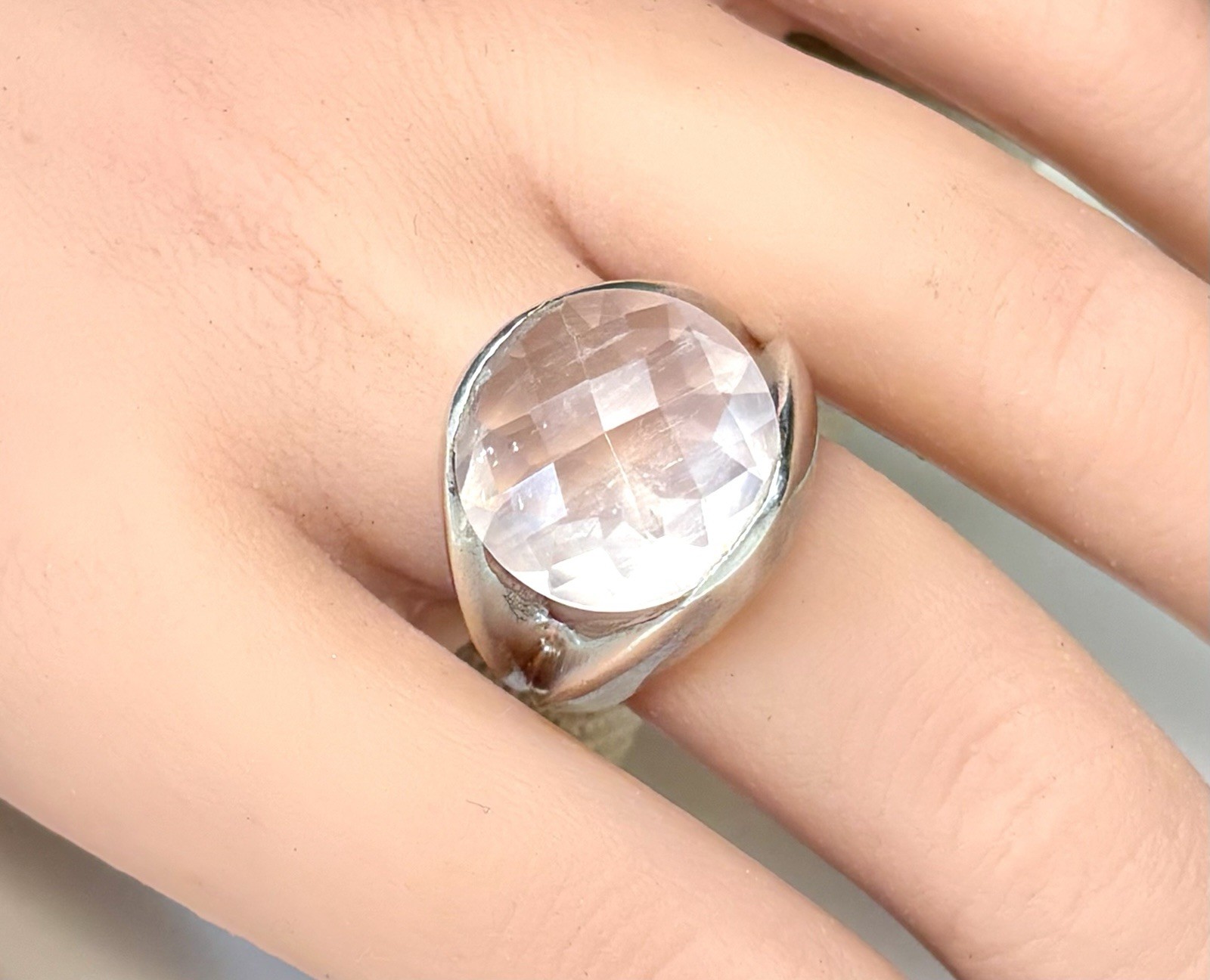 Vtg Hand Cast Sterling Silver 925 Faceted Round Pink Quartz Band Ring Size 7