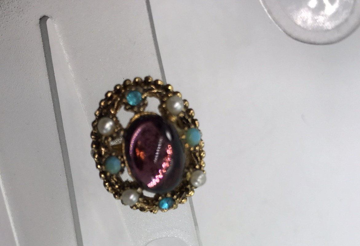 Vintage Cocktail Ring Adjustable Purple oval cabochon rhinestone Faux Pearl Mod
