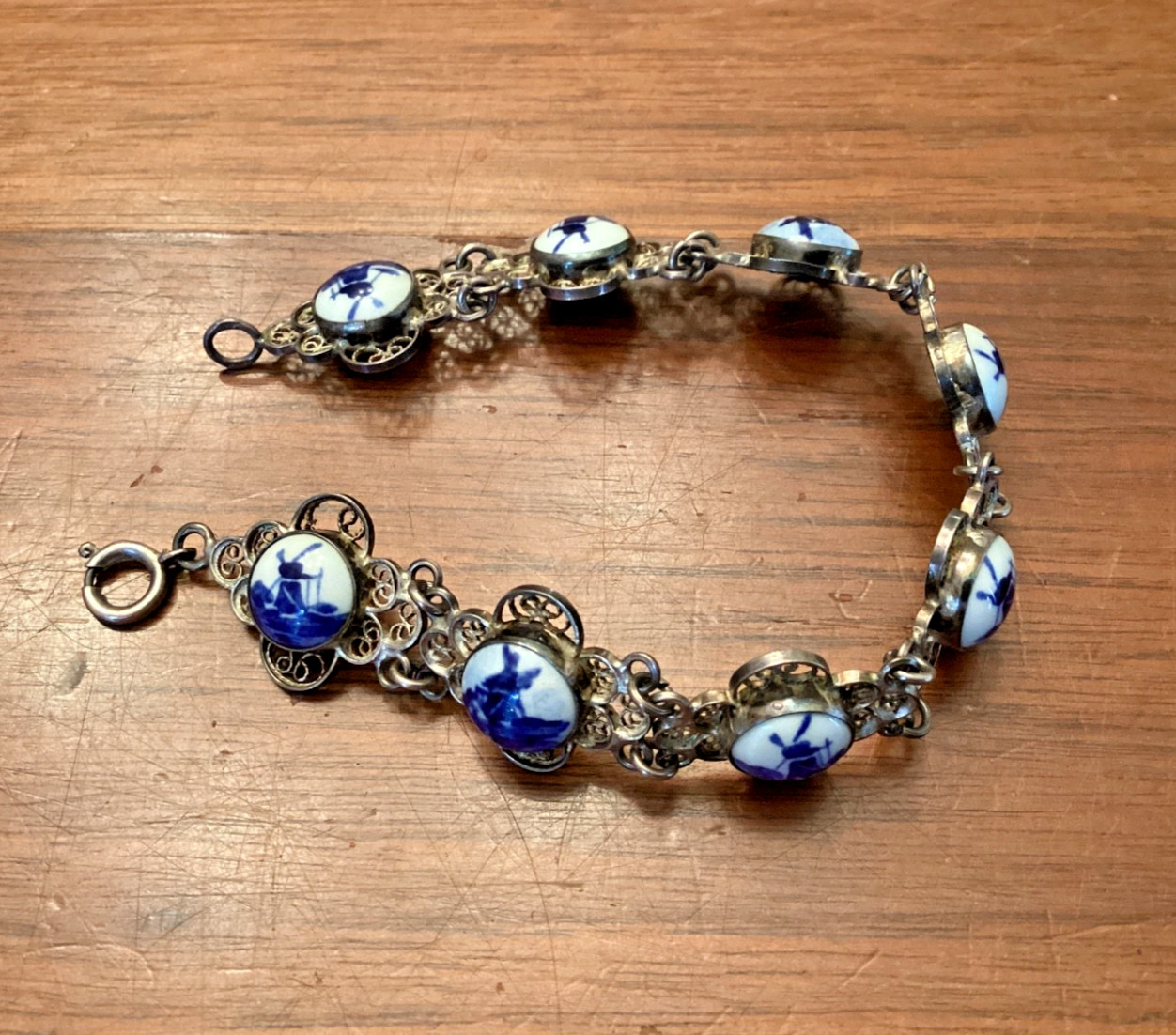 Vintage 835 Silver Filigree Delft Holland Blue Porcelain Windmill Bracelet