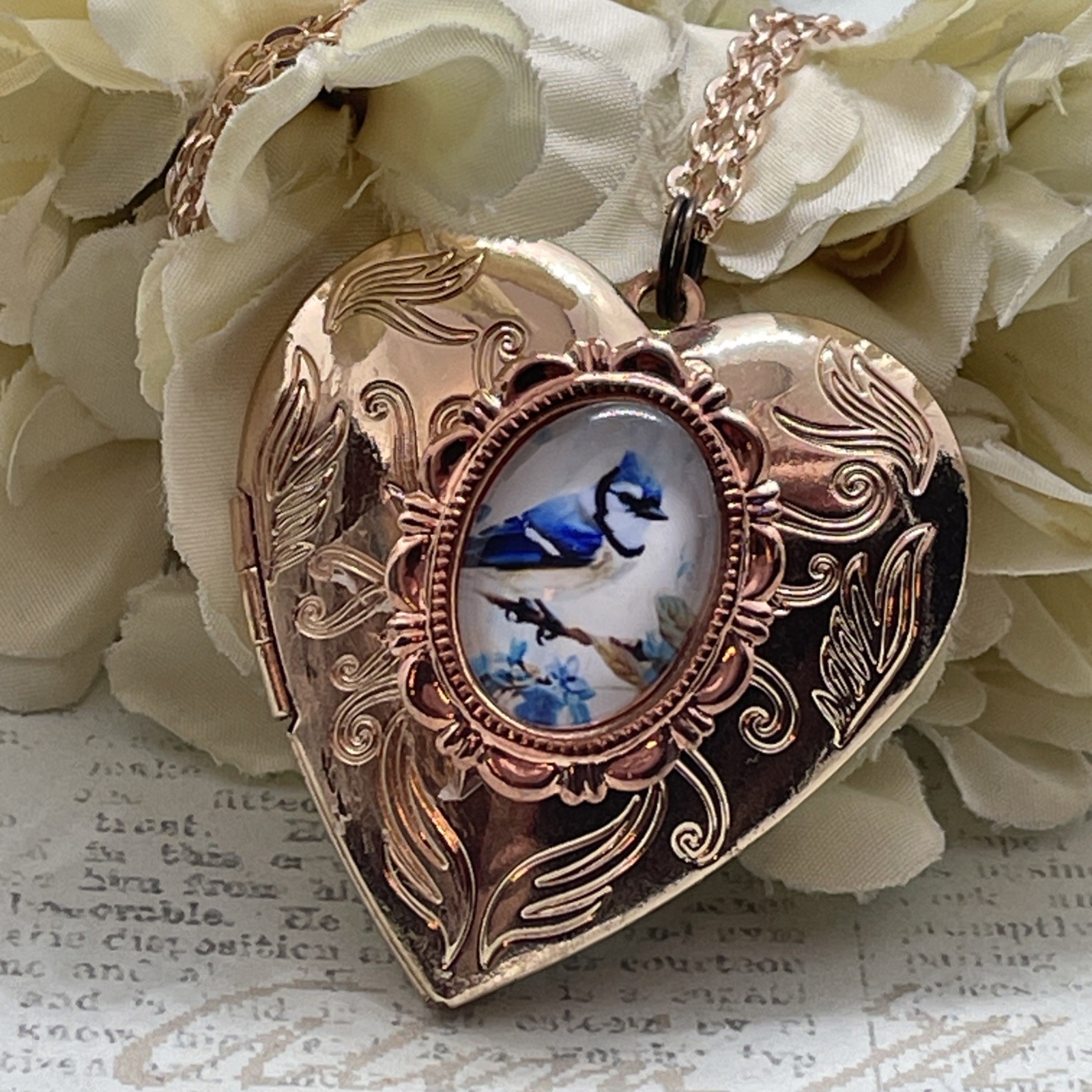 Blue Jay Bird VALENTINE Rose Gold Heart Locket Anniversary Bridal Gift Wedding