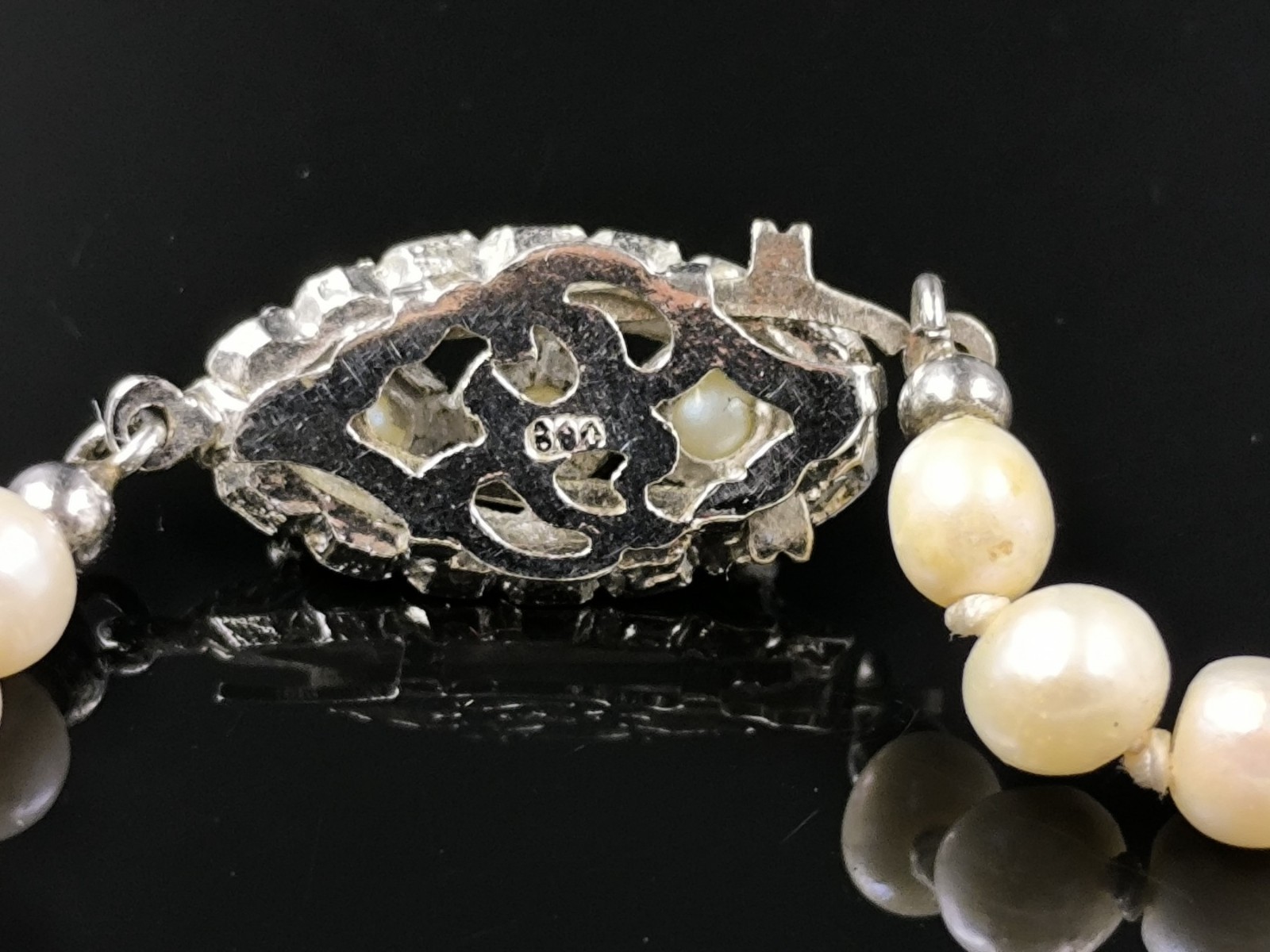 Vintage Cultured Pearl Necklace 925 Silver Natural Opal Pendant Marcasite Clasp