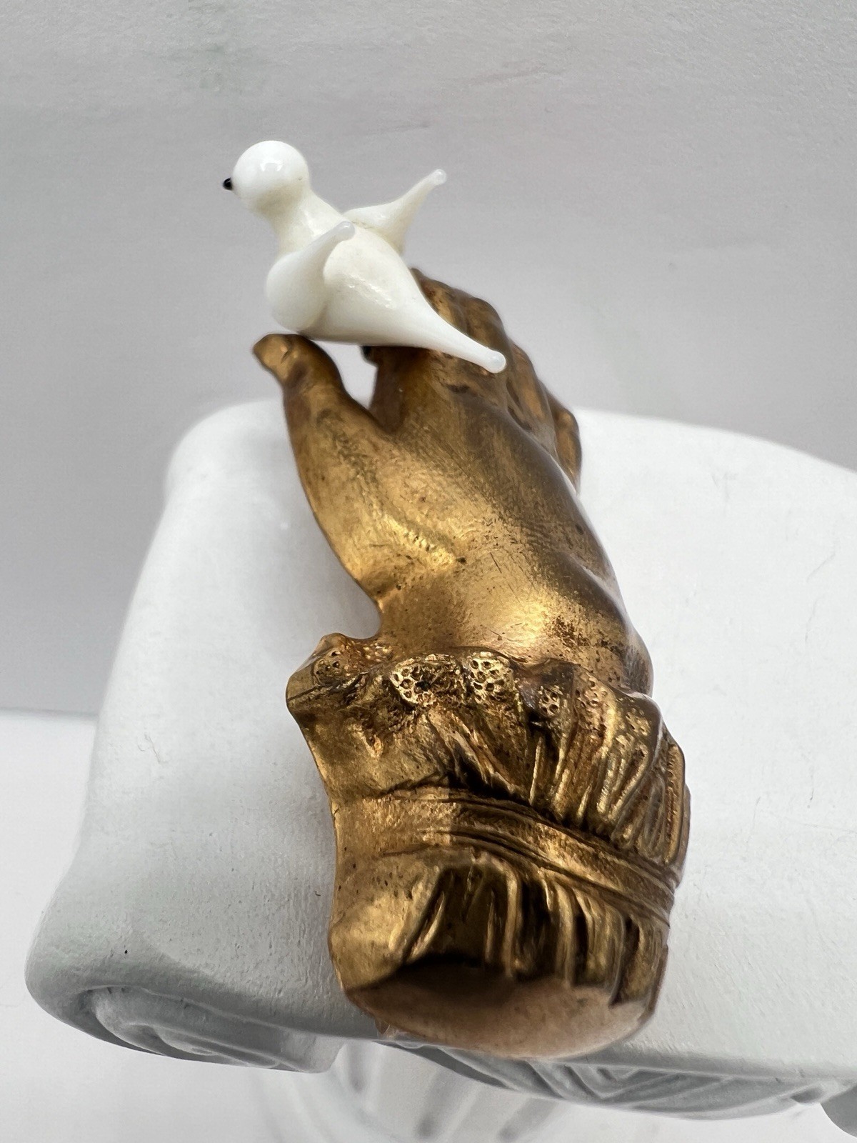 Art Deco Hand Pin / Brooch Holding Milk Glass Bird Figure – France