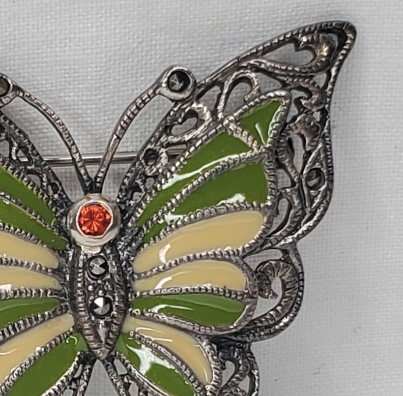 Vintage Sterling Silver Butterfly Brooch Green Yellow Enamel Wings Figural Pin