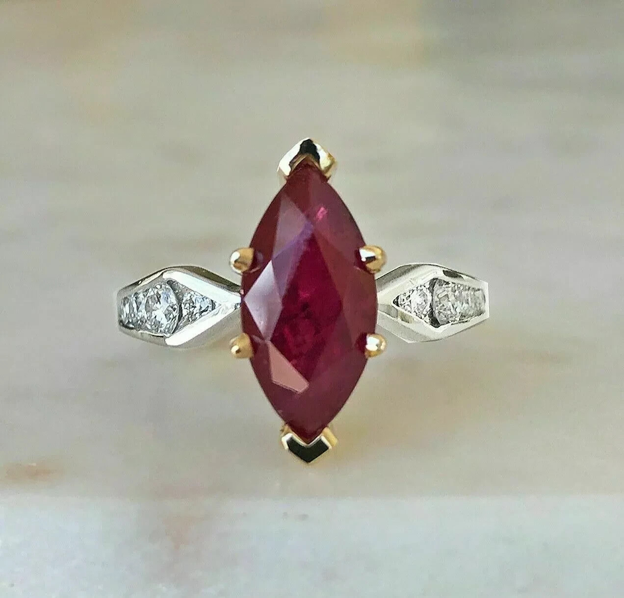 Art Deco Marquise Cut Ruby Lab Created Diamond 14K White Gold FN Engagement Ring