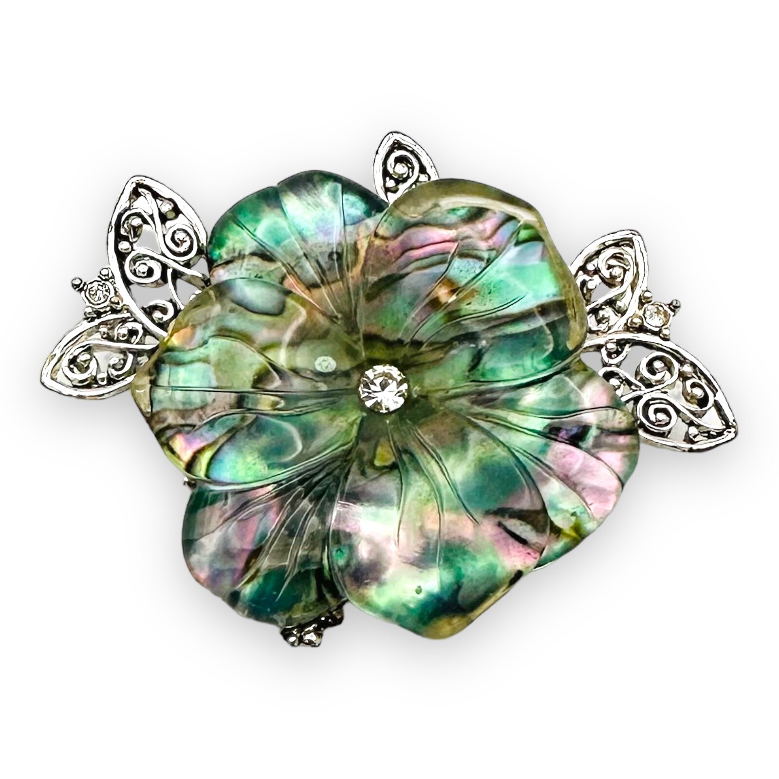 Vintage Lucite Cellulose Acetate Flower Brooch Rhinestones Faux Abalone MCM