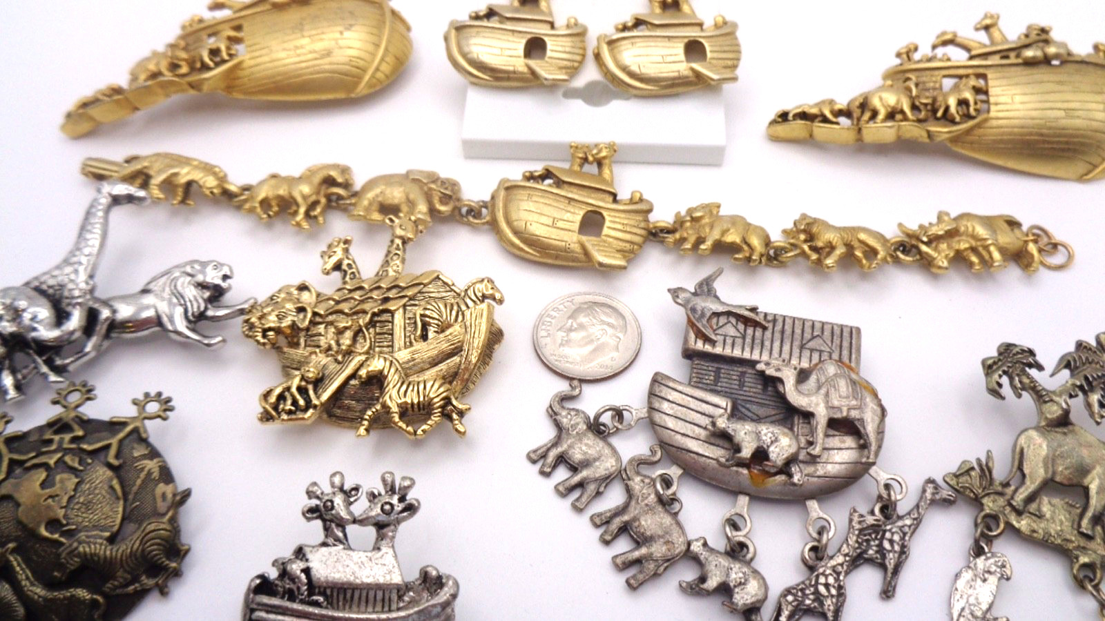 10 Vintage Gold & Silver Tone Noah’s Ark Animal Bracelet Brooch Clip Earring Lot