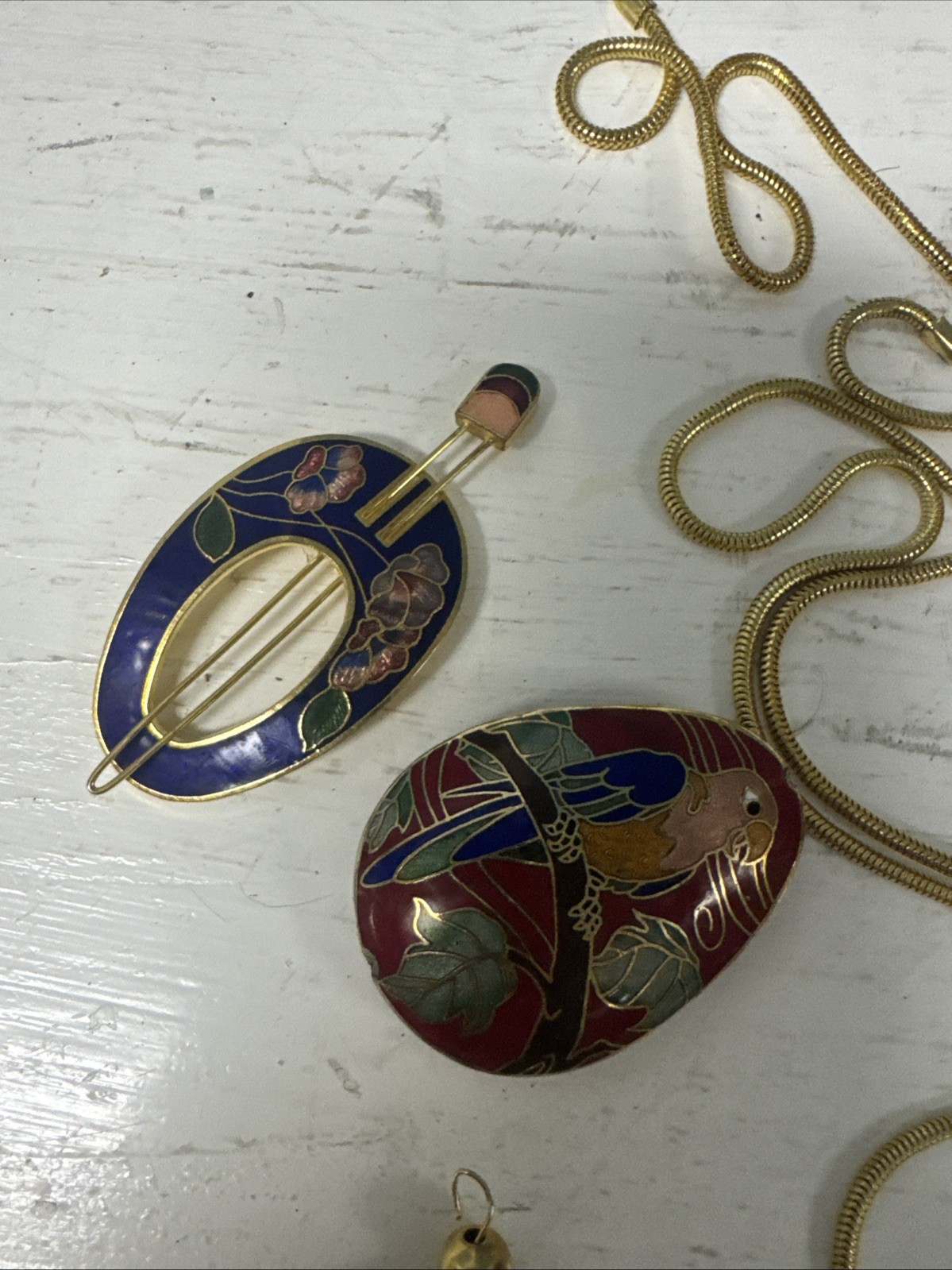 Lot Vintage Cloisonne Round Pendant Gold Cord Necklace Bib Pennant Hair Pin +