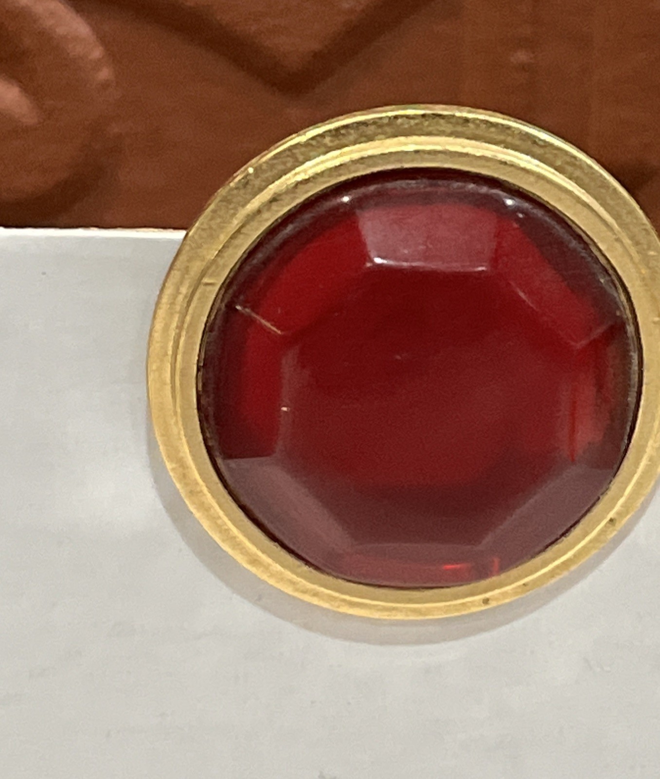 Vintage Yves Saint Laurent earrings Resin Ruby Stone Pierce Gold Tone Round