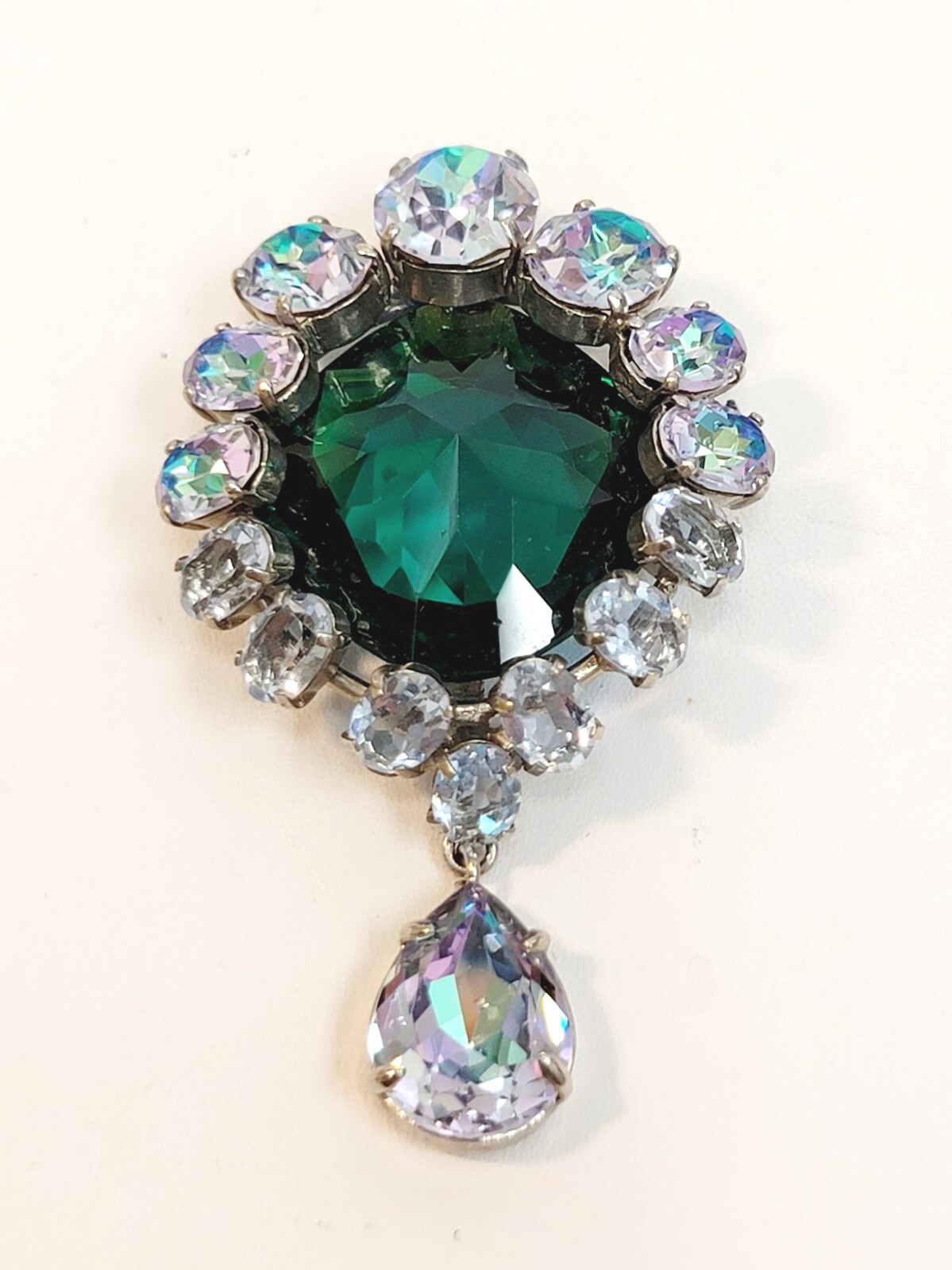 RJP Or CIS French Brooch Green Lavender Rhinestone Dangle Trombone Clasp