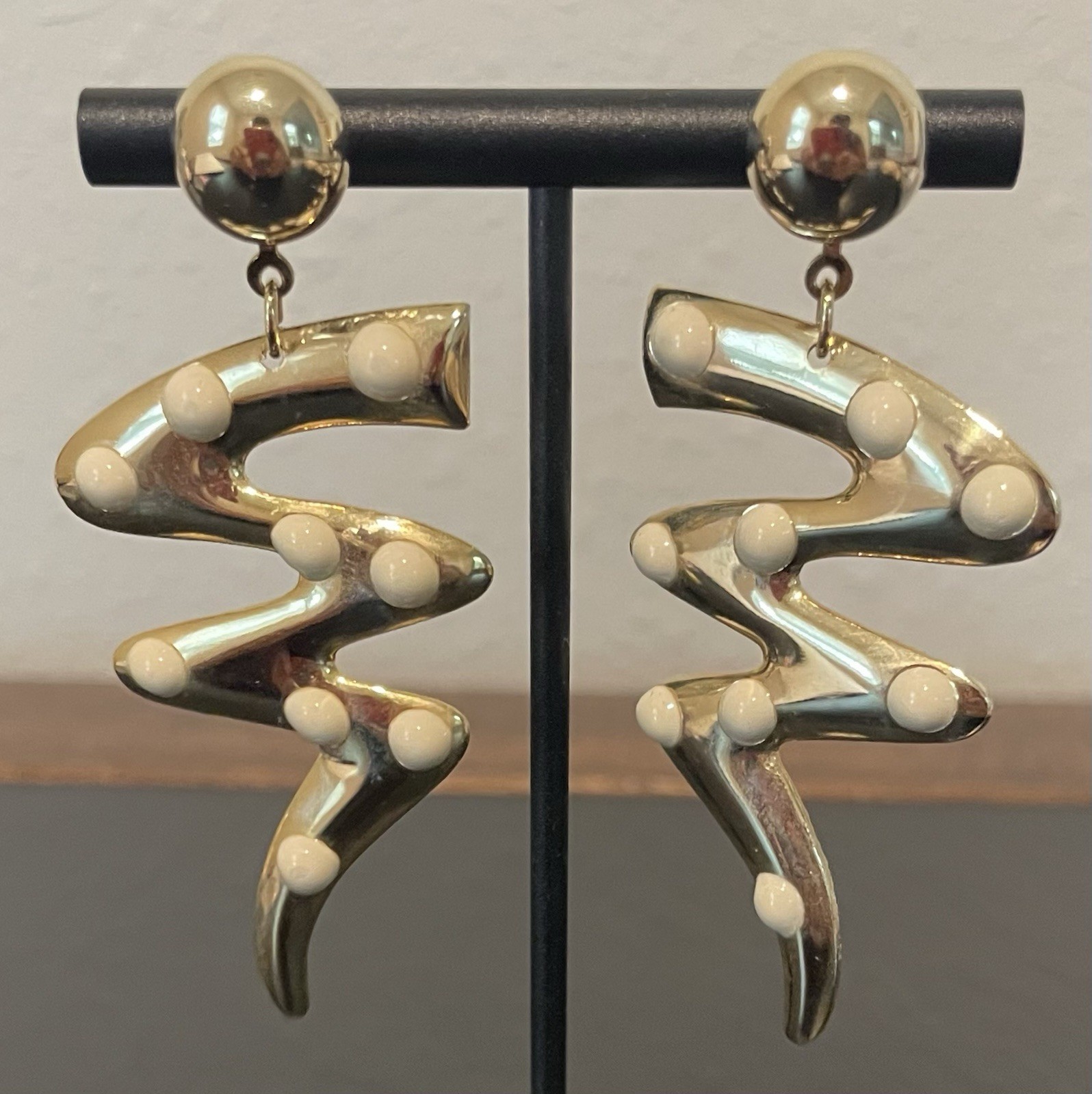 Glam 80’s Flashy Lightning Bolt Dot Goldtone Earrings Pierced