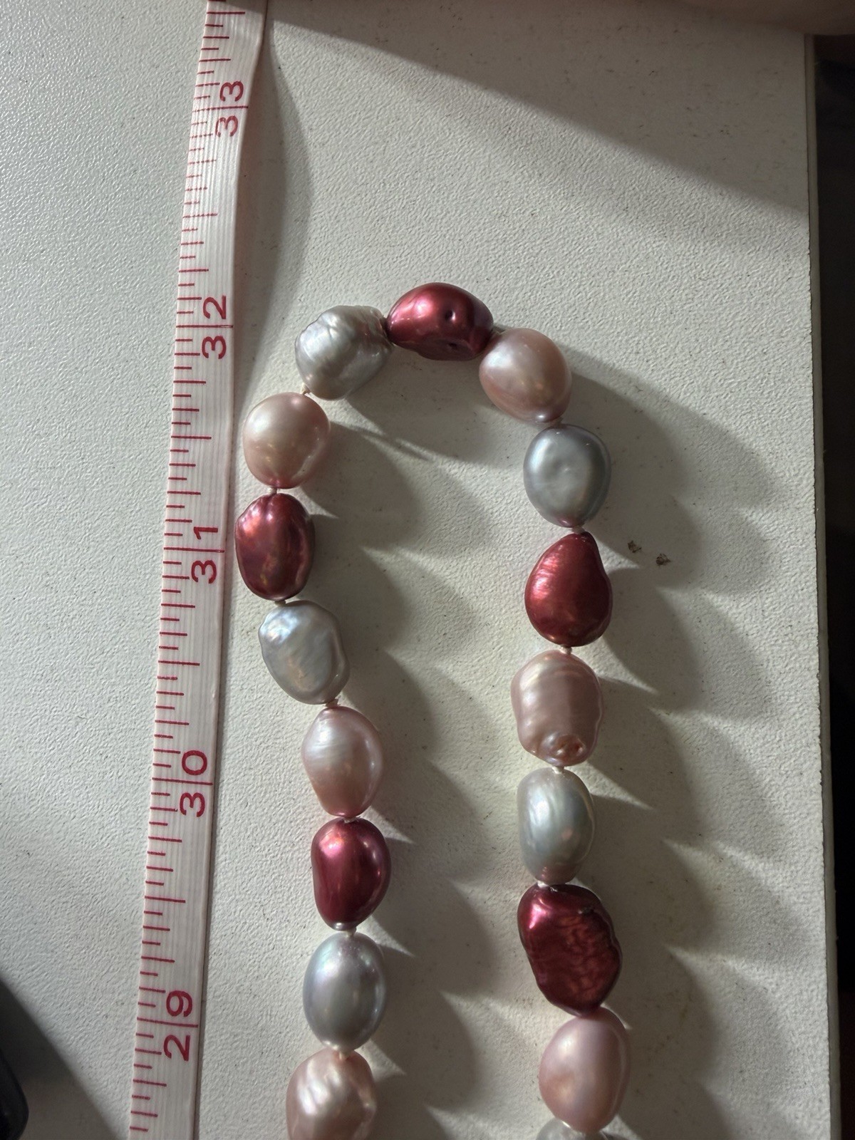 Baroque Freshwater Pearl Necklace Dyed Pink Burgundy Gray Knotted 48” Long