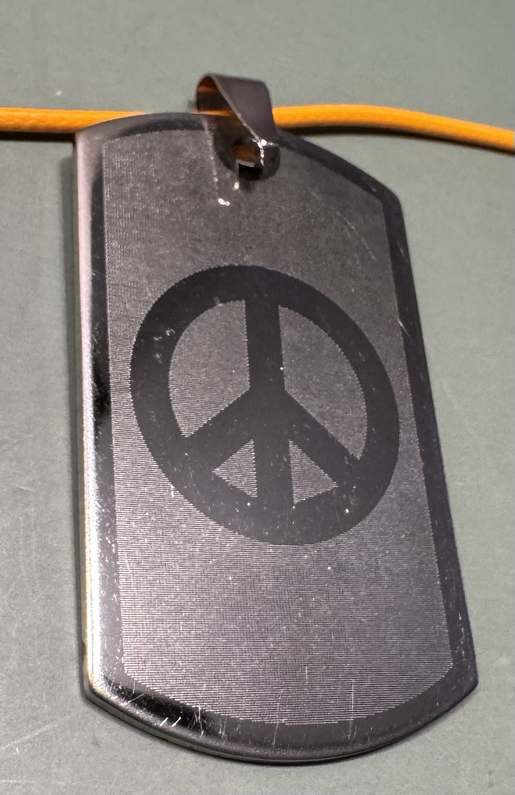 Vintage Silvertone Peace Dog Tag Pendant On Cord Necklace