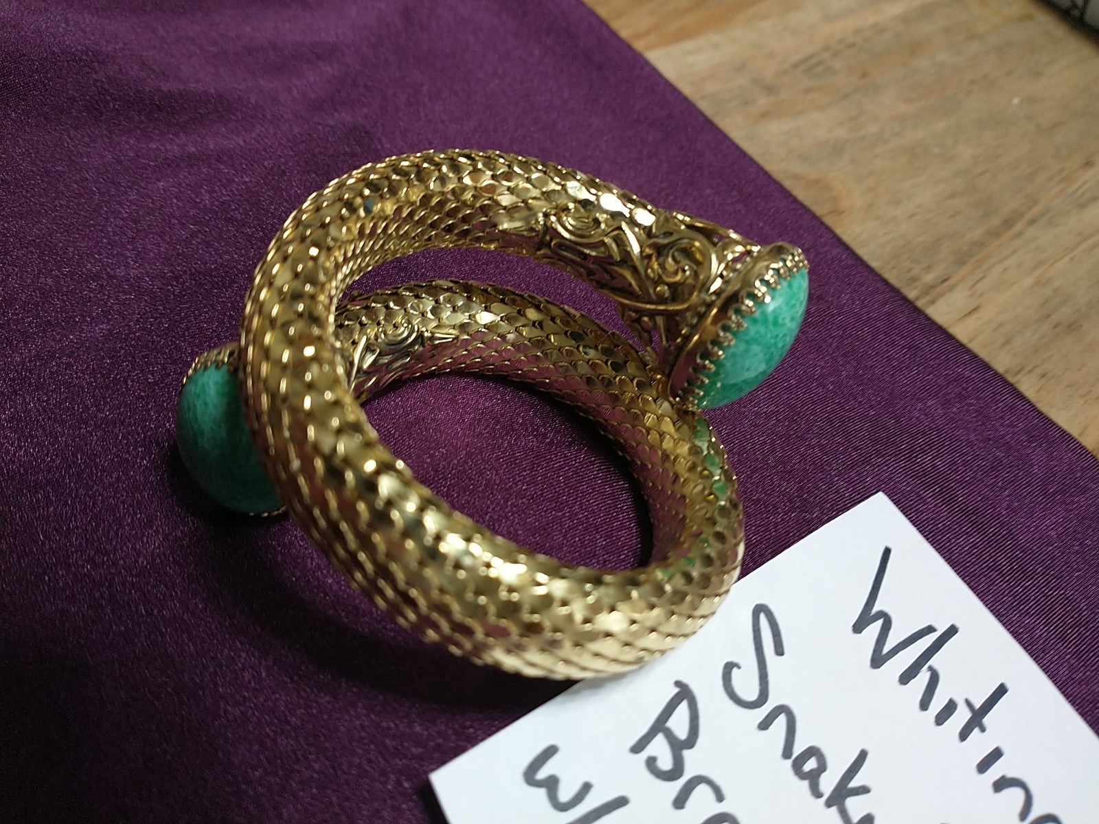 VINTAGE WHITING & DAVIS Mesh Snake Wrap Bracelet Green Peking Glass Cabochon