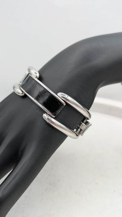 Vintage MONET Bracelet Earrings Set Black Enamel Silver Tone Modernist Demi Paru
