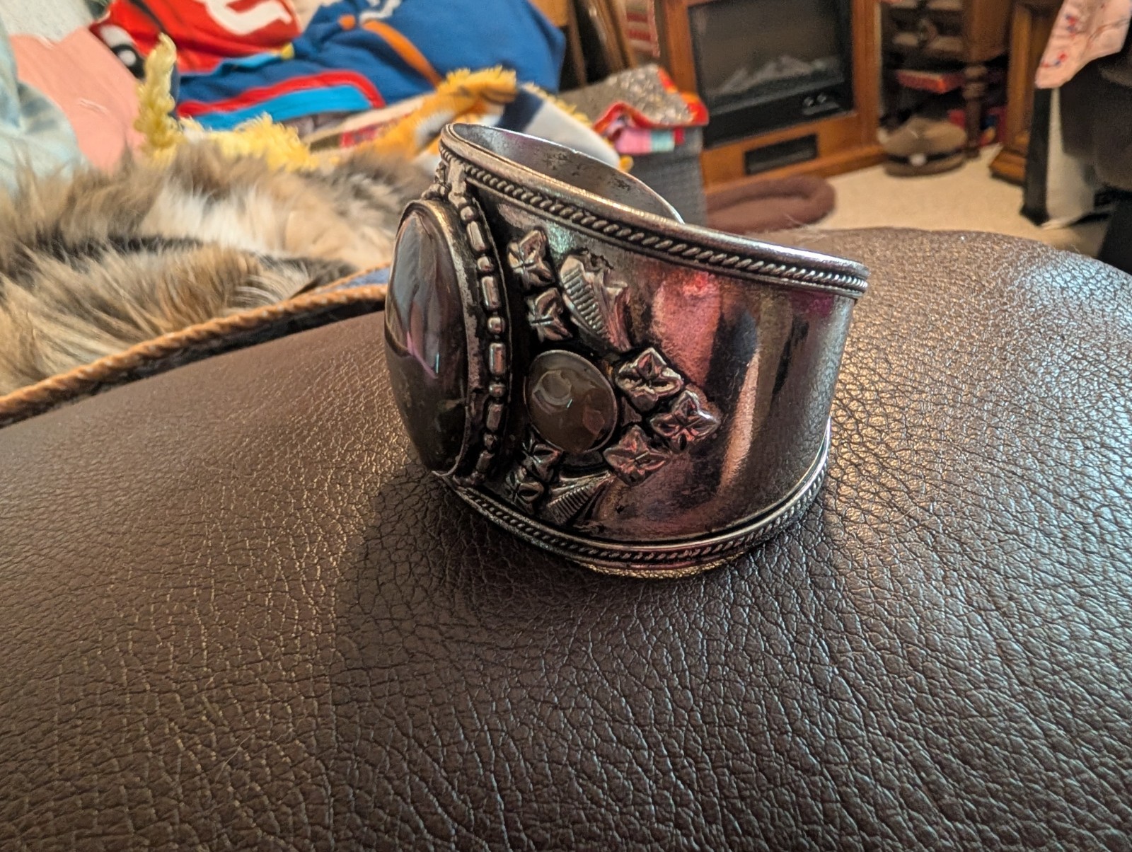 Vintage Silver & Stone Cuff Bracelet Brown Stones Nice Detail Women Southwestern