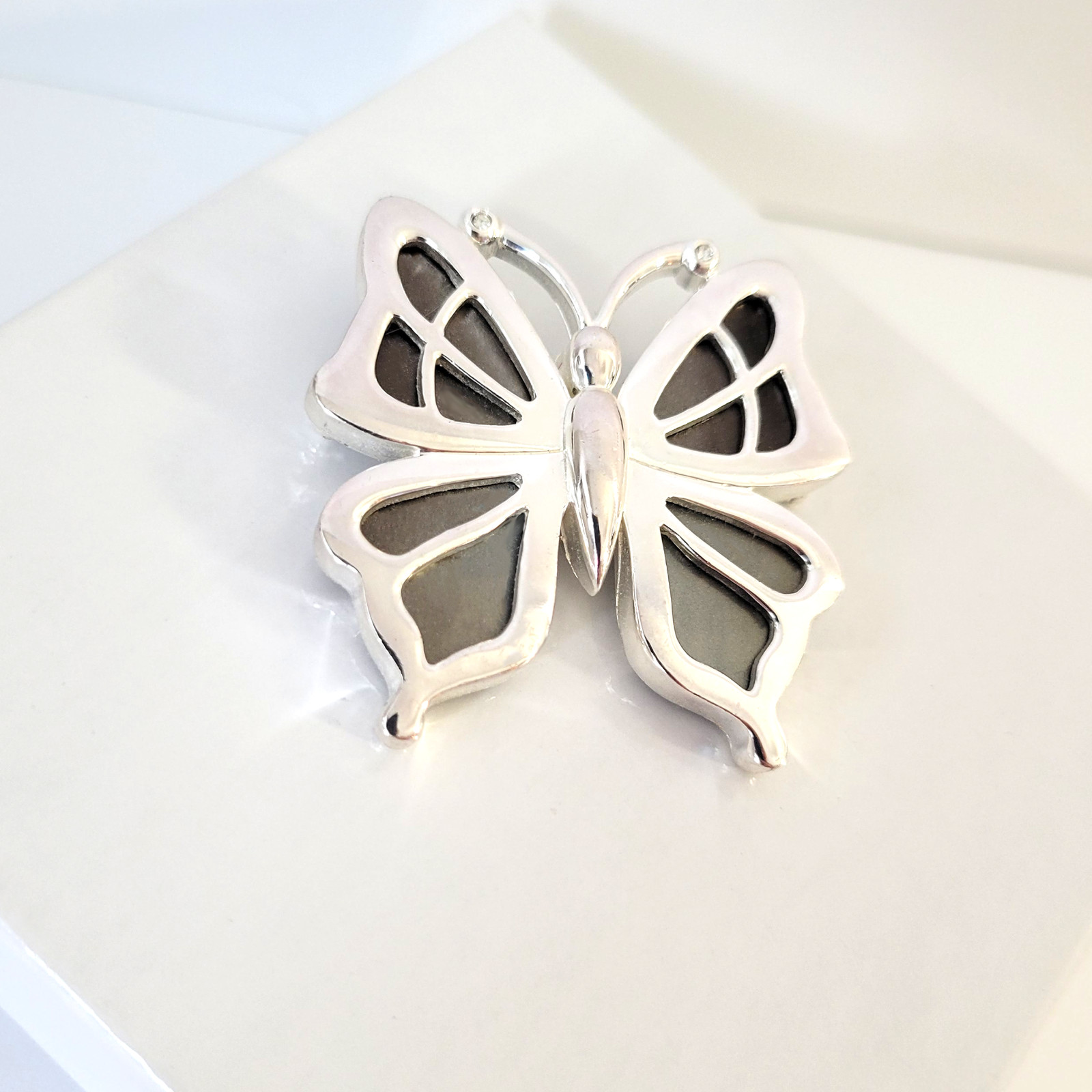Silver Tone Butterfly Brooch Cut Out Brown MOP Pin 1 3/4 Ht