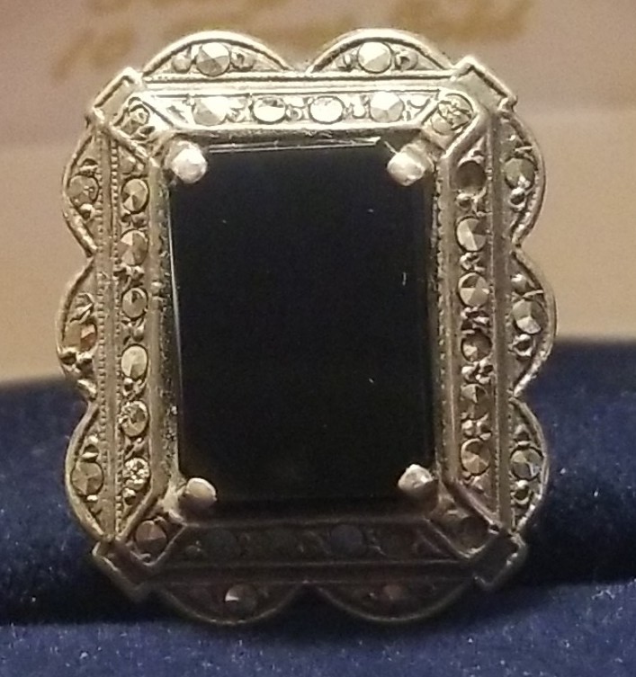 Antique Victorian Mourning Ring, Size 3, Black Onyx Marcasite And Silver