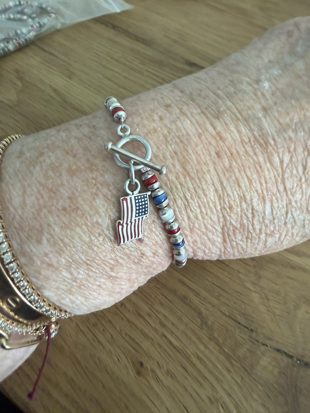 Vintage Sterling Silver 925 Patriotic Bead Flag Charm Bracelet 7.25”