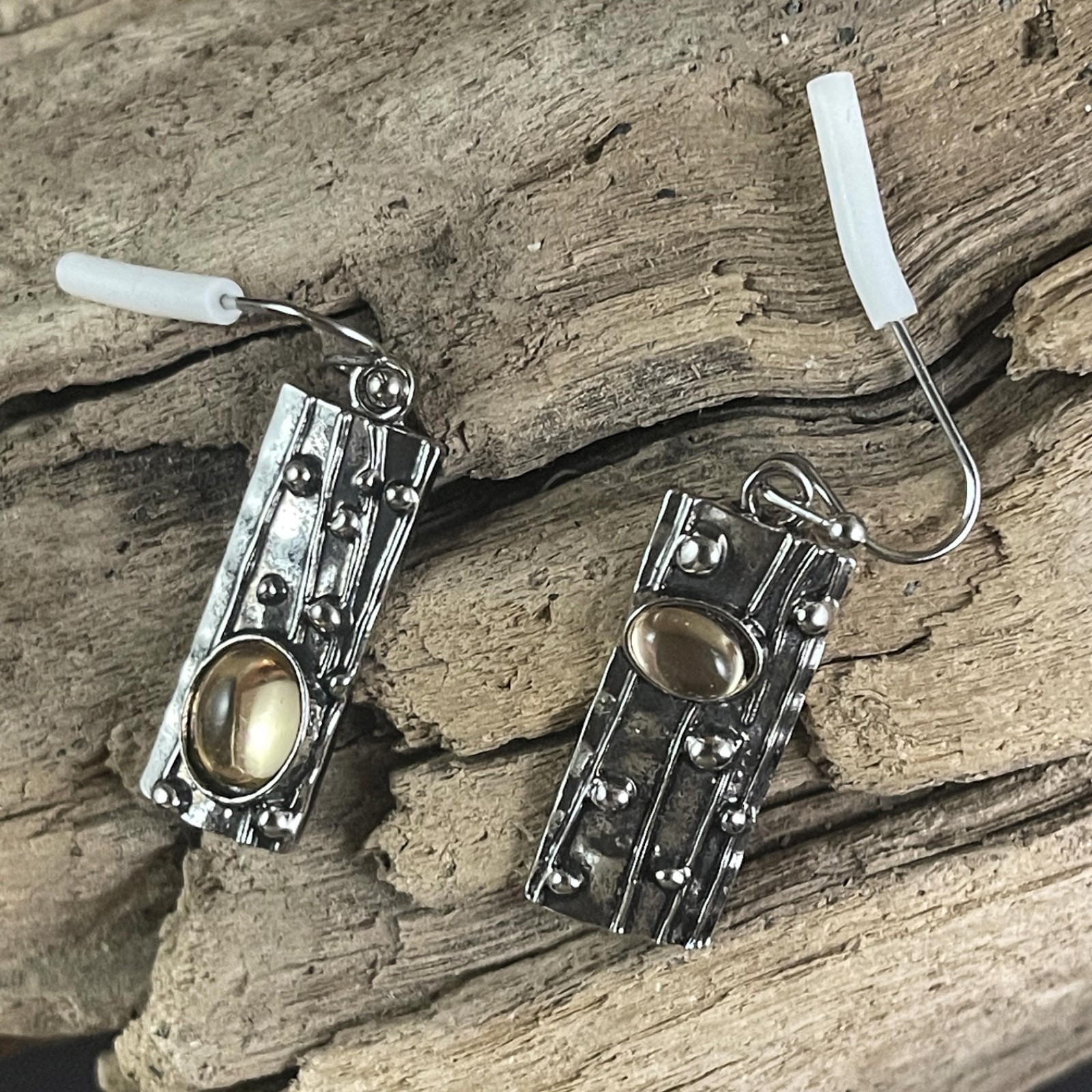 Vintage Goldtone Stone Rectangular Hook Earrings 1.75”