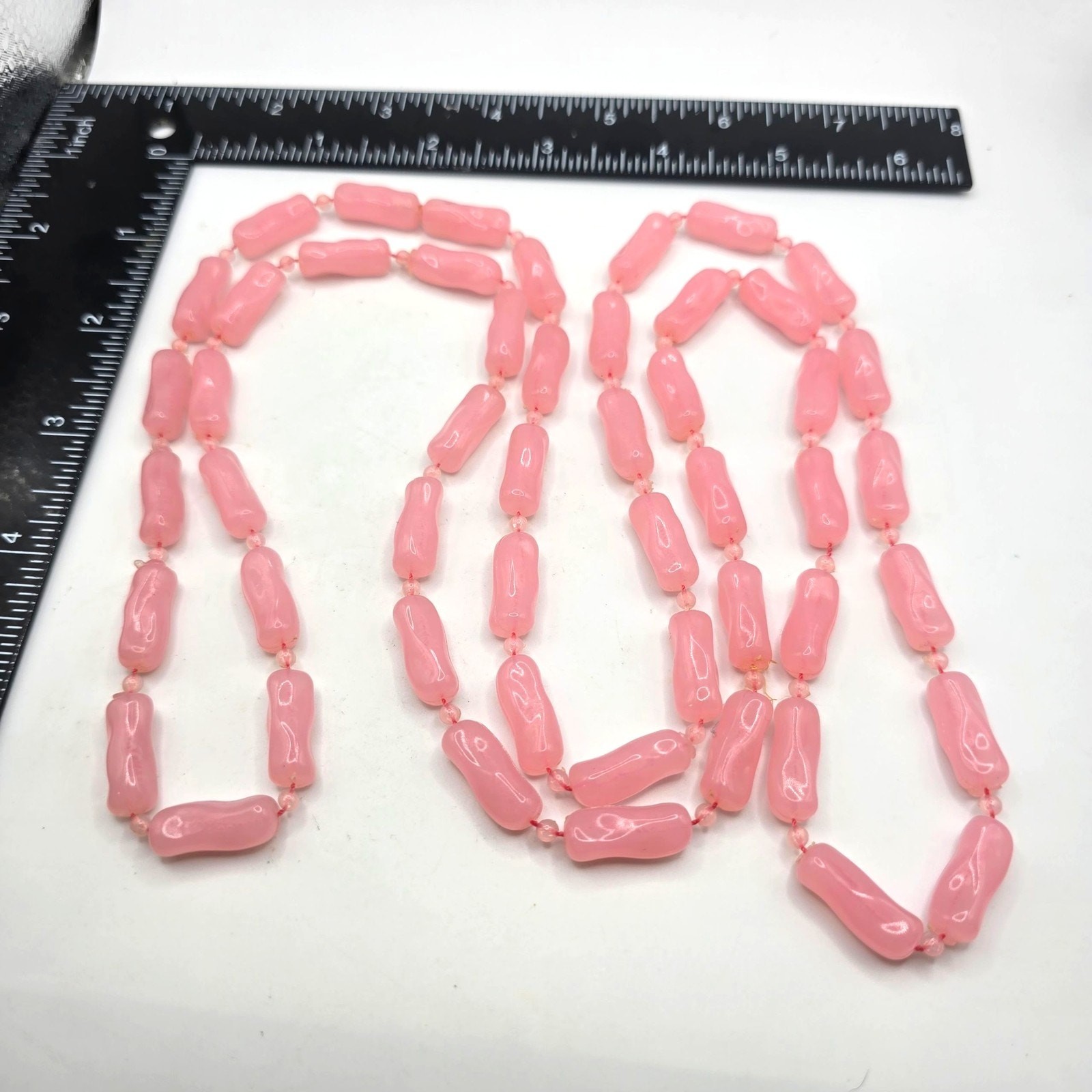 Necklace Vintage Pink Plastic Bead Glows Under Blue Light Flapper 48″ SKU2382