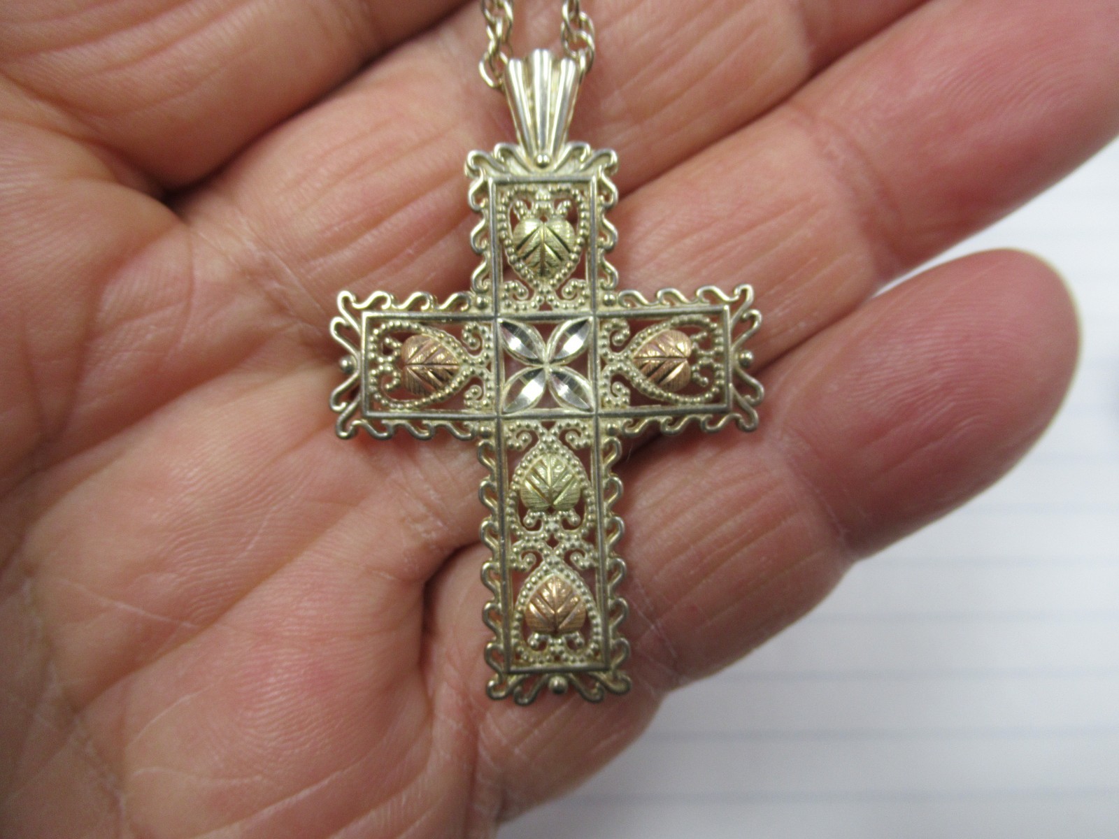 Vintage Sterling & 12K Black Hills Gold Cross Pendant & Sterling Necklace in Box