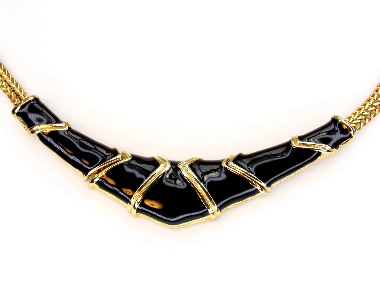 Vintage Gold & Black Enamel Hinged Bib Choker Necklace, Gift for Her, Jewelry