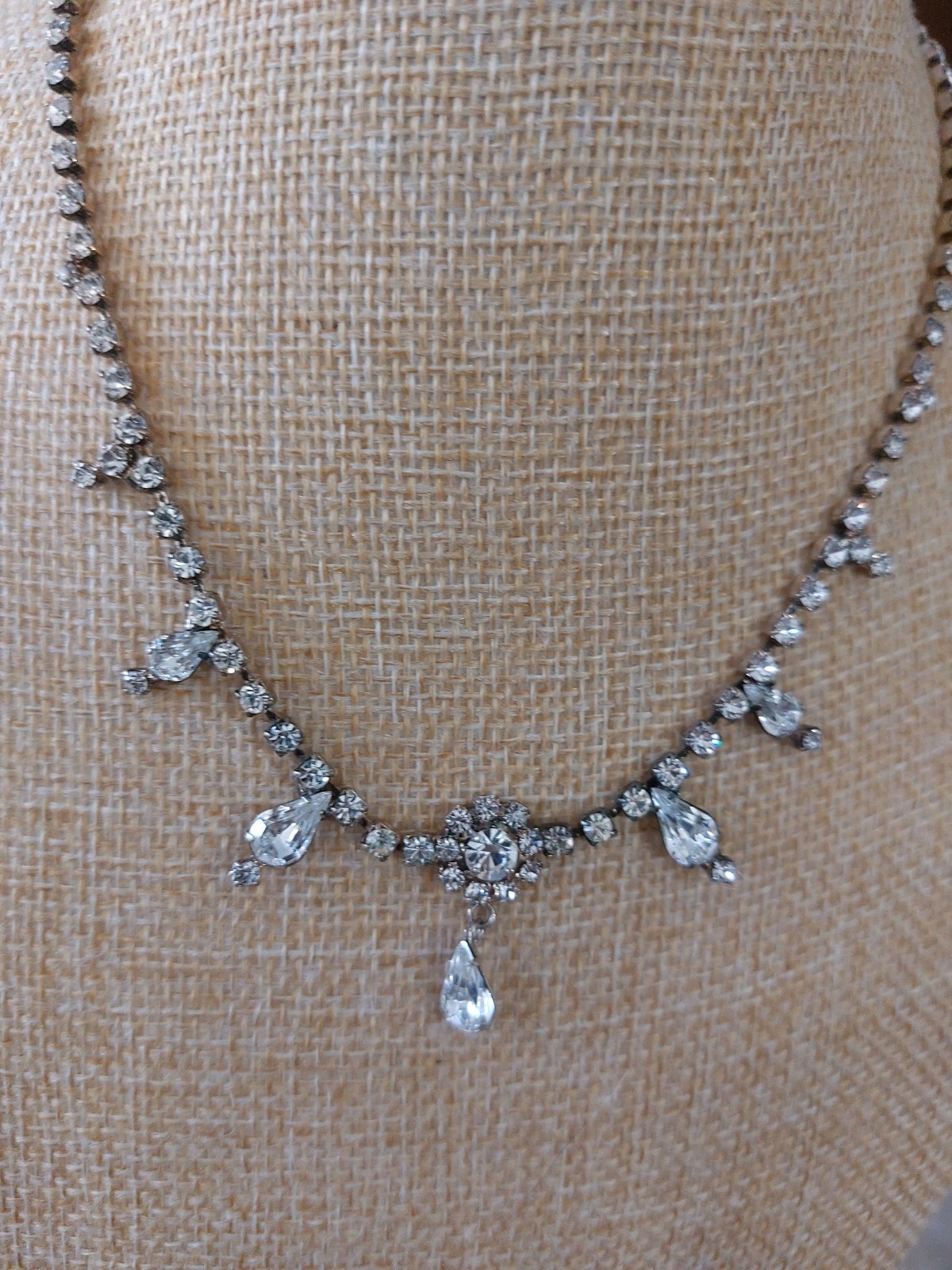 Dainty Clear Rhinestone Choker Necklace Vintage Deco Flower Teardrops Sparkle