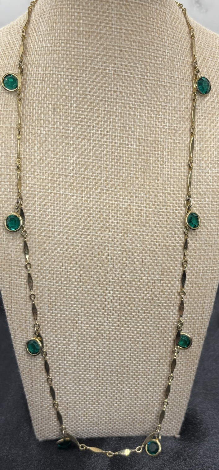 Vintage Bezel Set Green Crystal Station Necklace Bar Link Chain 23”