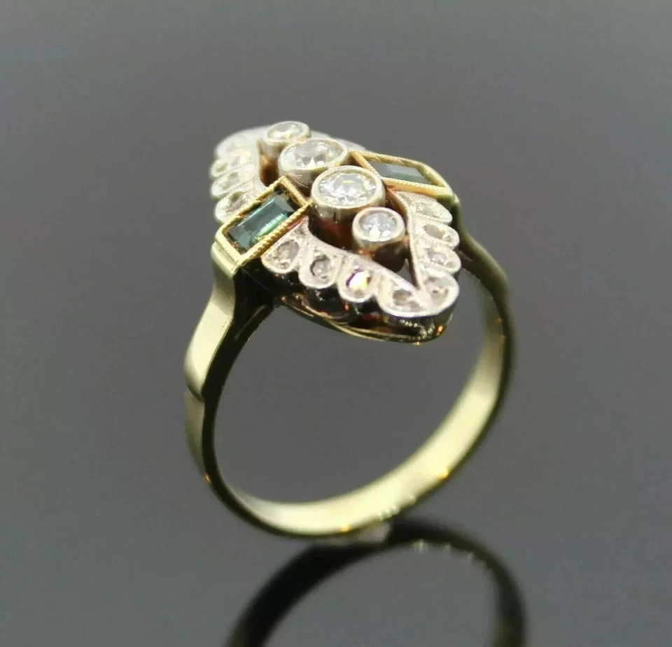 Art Deco Style Lab-Created Diamond & Sapphire Wedding 14k Yellow Gold FN Ring