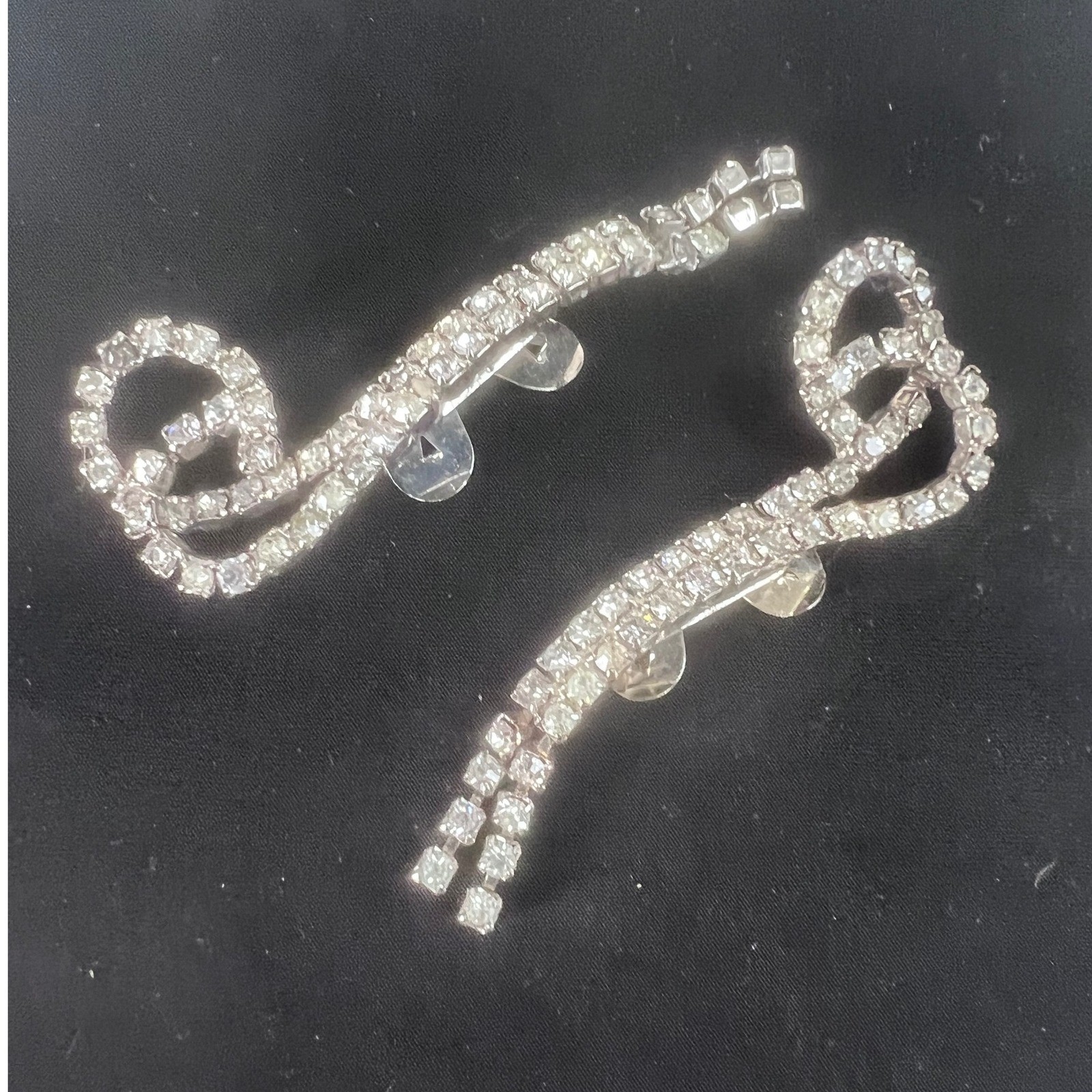 Vintage MUSI Clear Rhinestone Scroll Shoe Clips Silver Tone Pair Mid Century