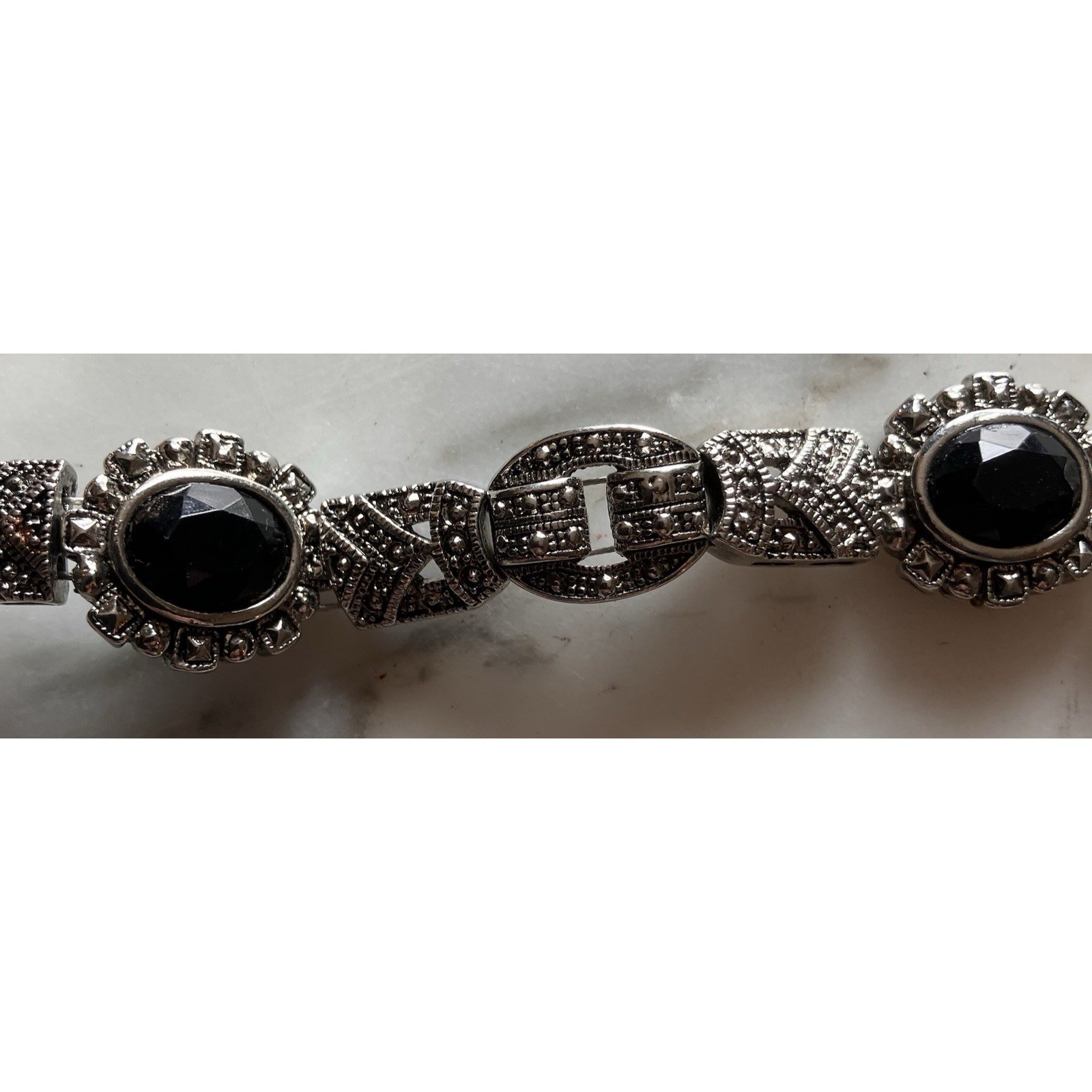 Vintage Silvertone Marcasite Black Stone 7.5″ Bracelet Sparkle EUC