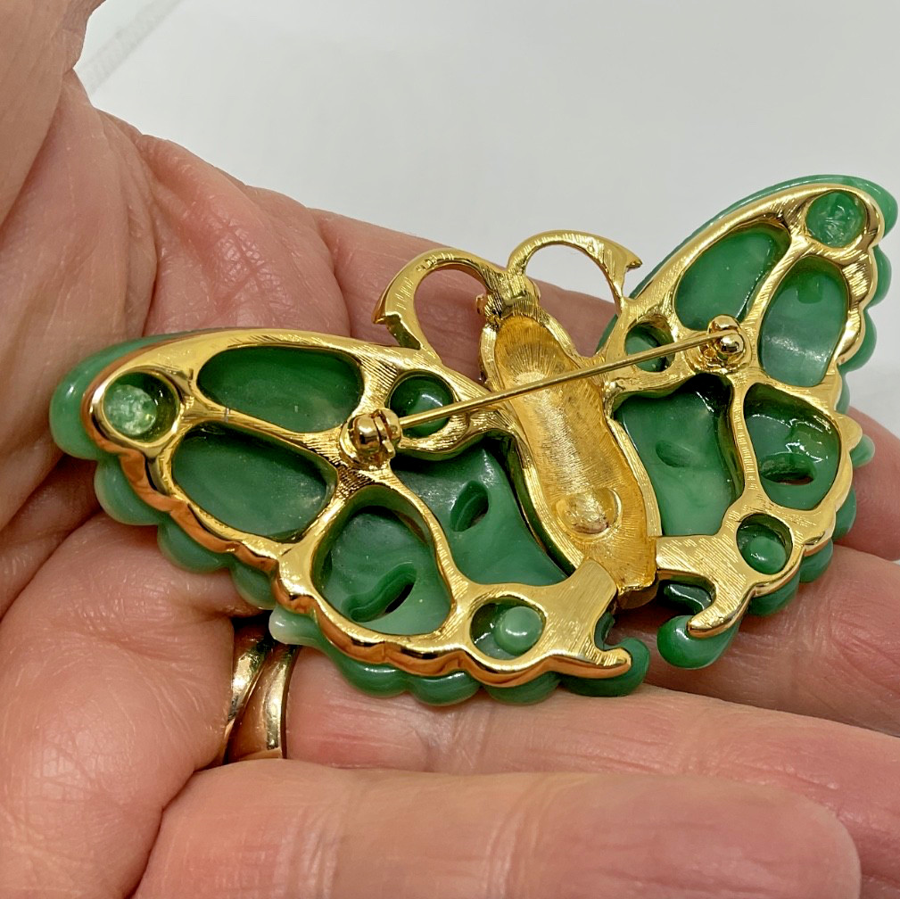 Vintage Signed Kenneth Jay Lane KJL Faux Carved Jade Butterfly Brooch Pin