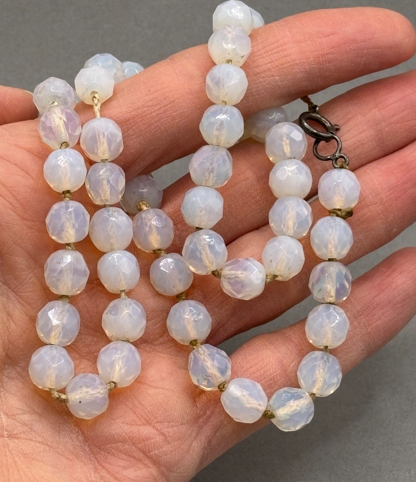 Vintage Opaline Opalite Beaded Necklace Faceted Art Glass Hand Knotted 18″