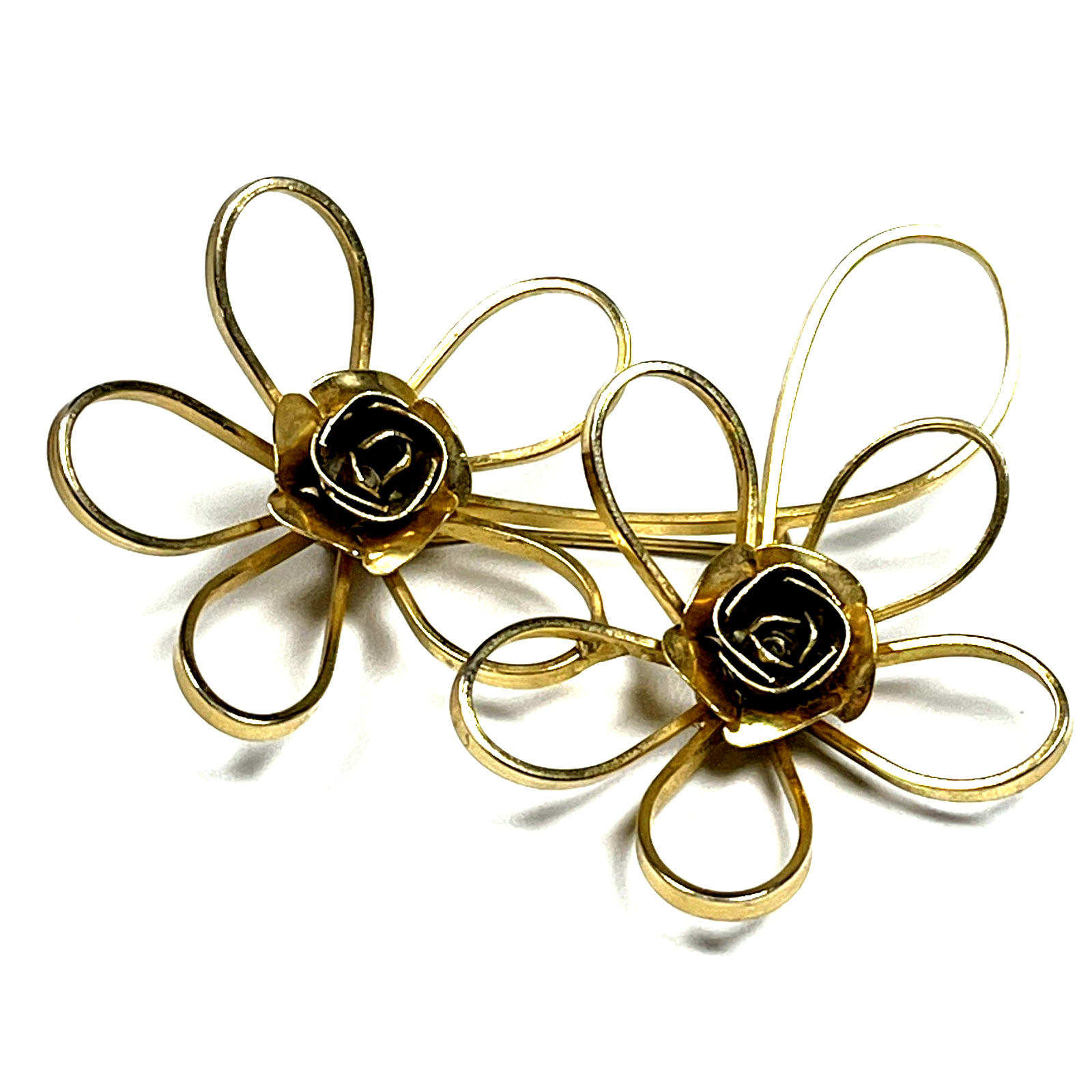 Gold Tone Metal Wire Abstract Modernist Flower Brooch Vintage 3″ X 2.4″