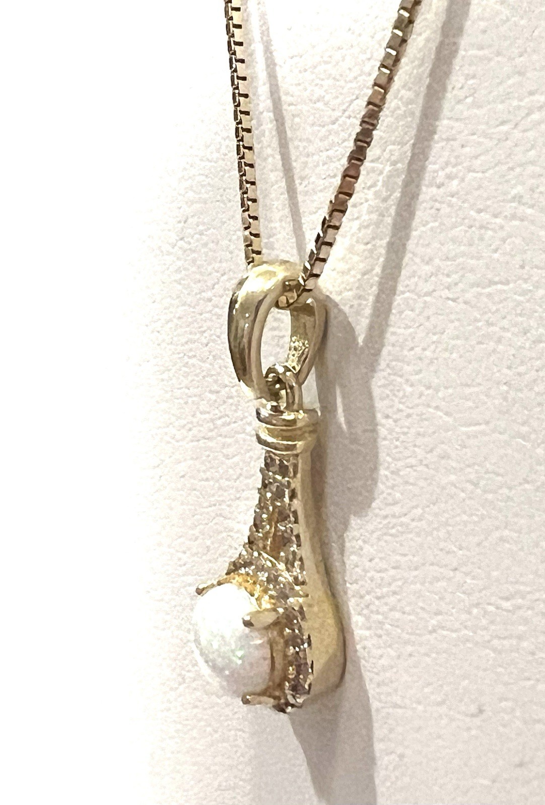 AGI Vtg Opal Necklace Pave CZ 925 Vermeil Sterling Gold 18” Box Chain Ex Cond