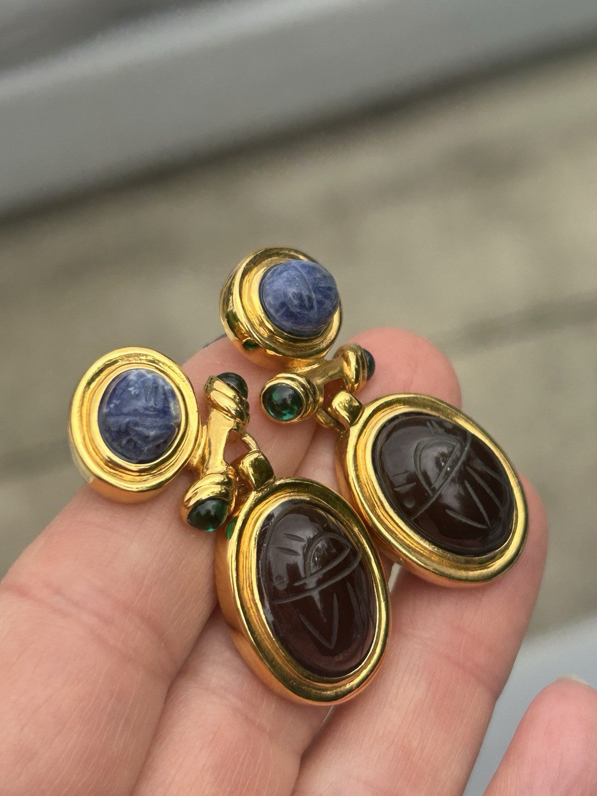Unsigned GIVENCHY Carved Scarab Earrings Lapis Carnelian Emerald Green Cabochon