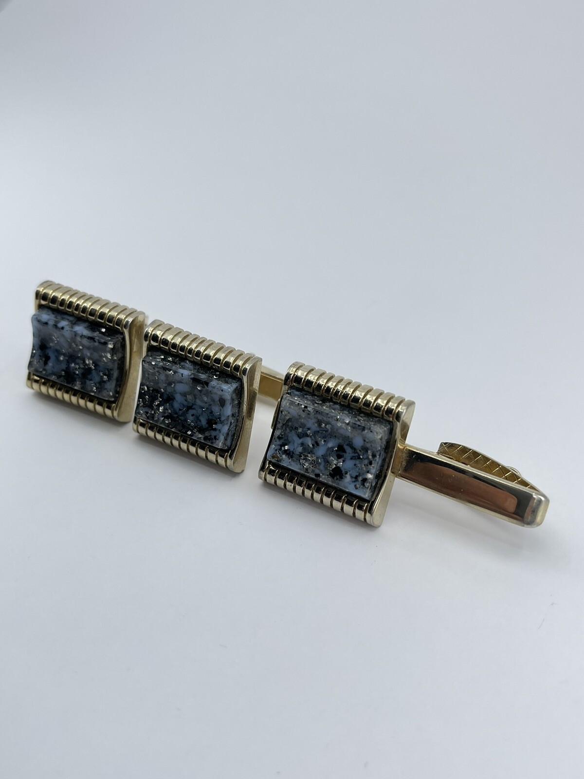 Cufflinks and Tie Clip Set concave glass rectangle gold tone