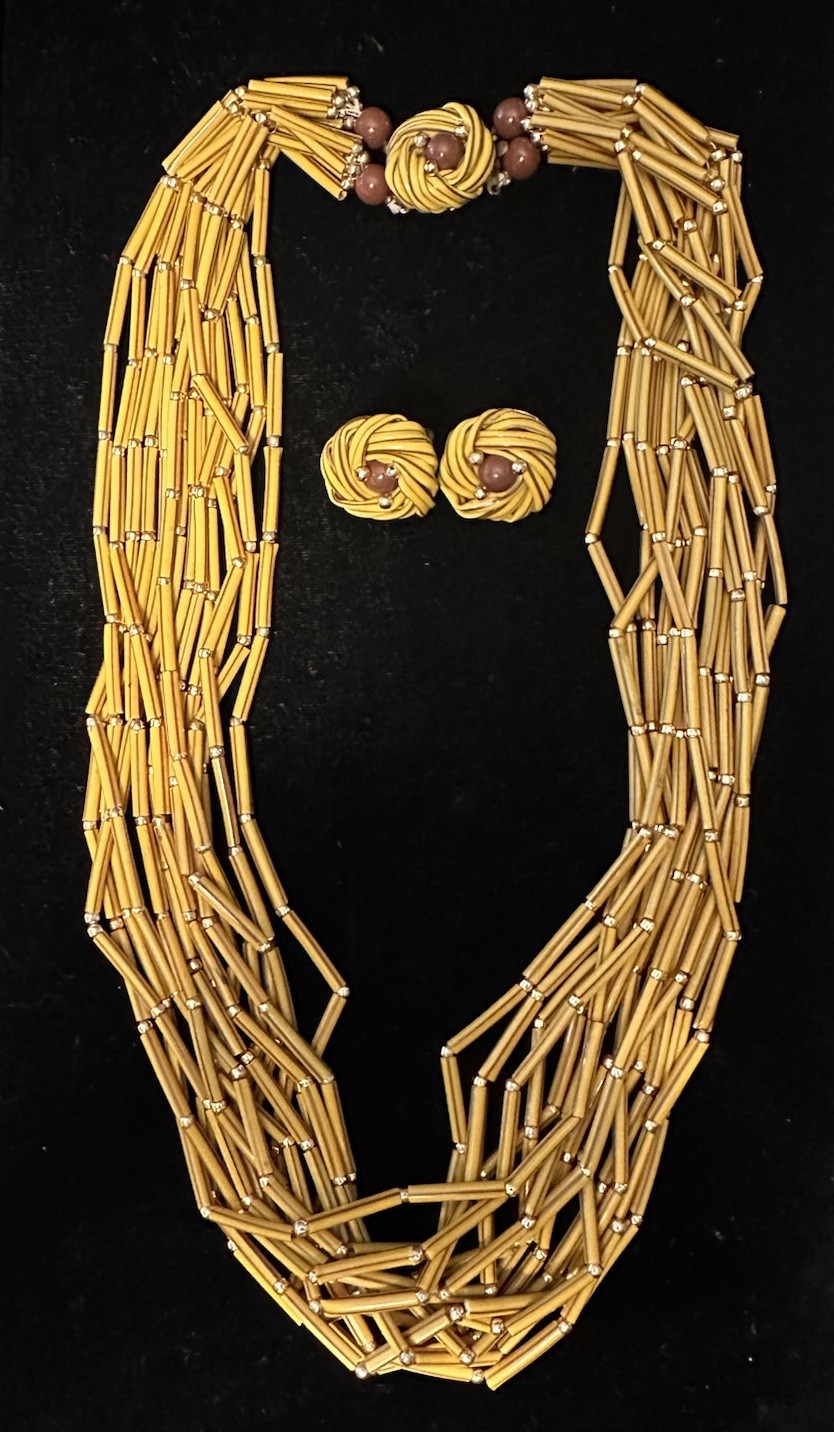 1960s Multiple Strand Yellow Brown Plastic Necklace Matching Clip On Earrings