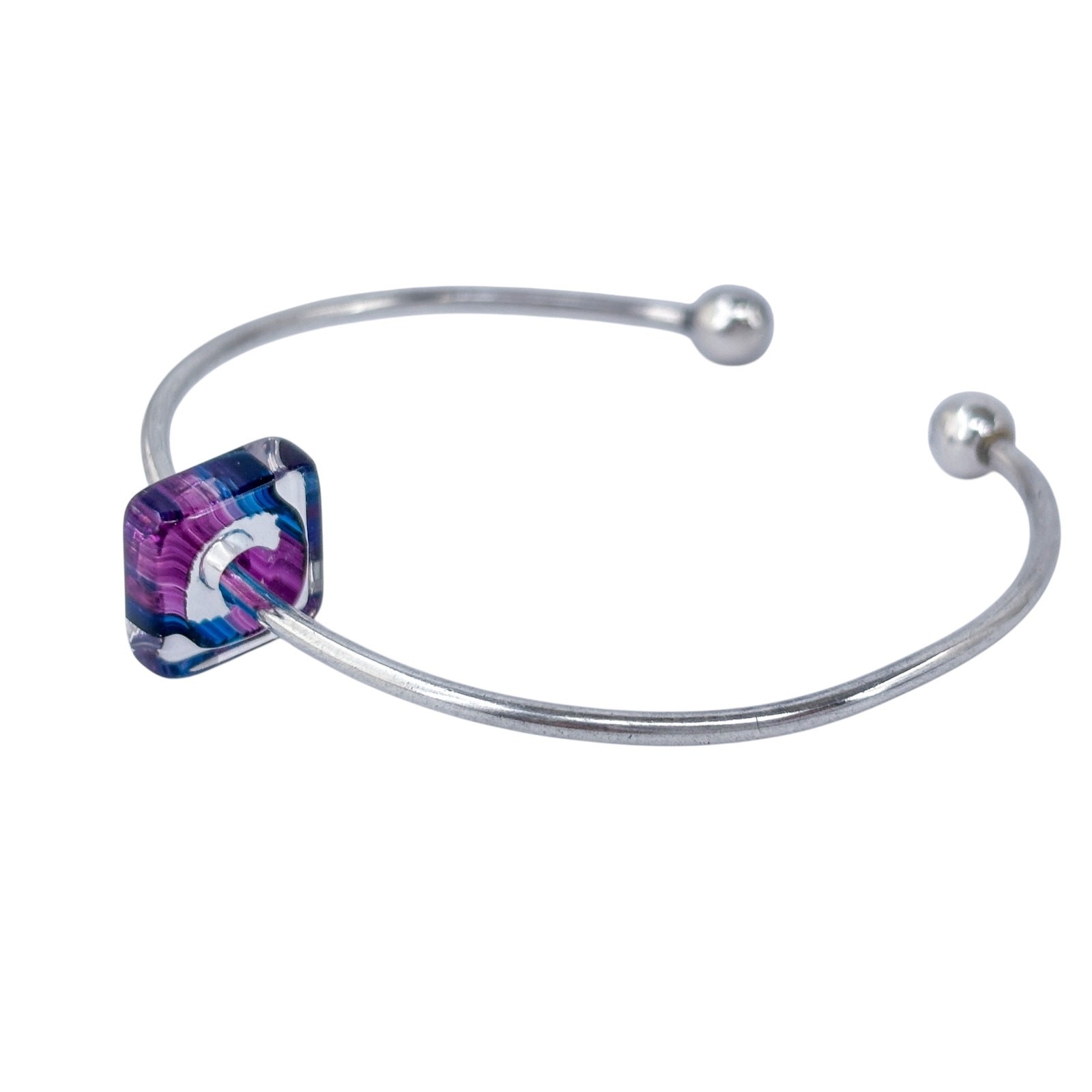 Ball Tip Cuff Bracelet | Purple Glass Charm | Vintage Sterling Silver 925 | 6.5″