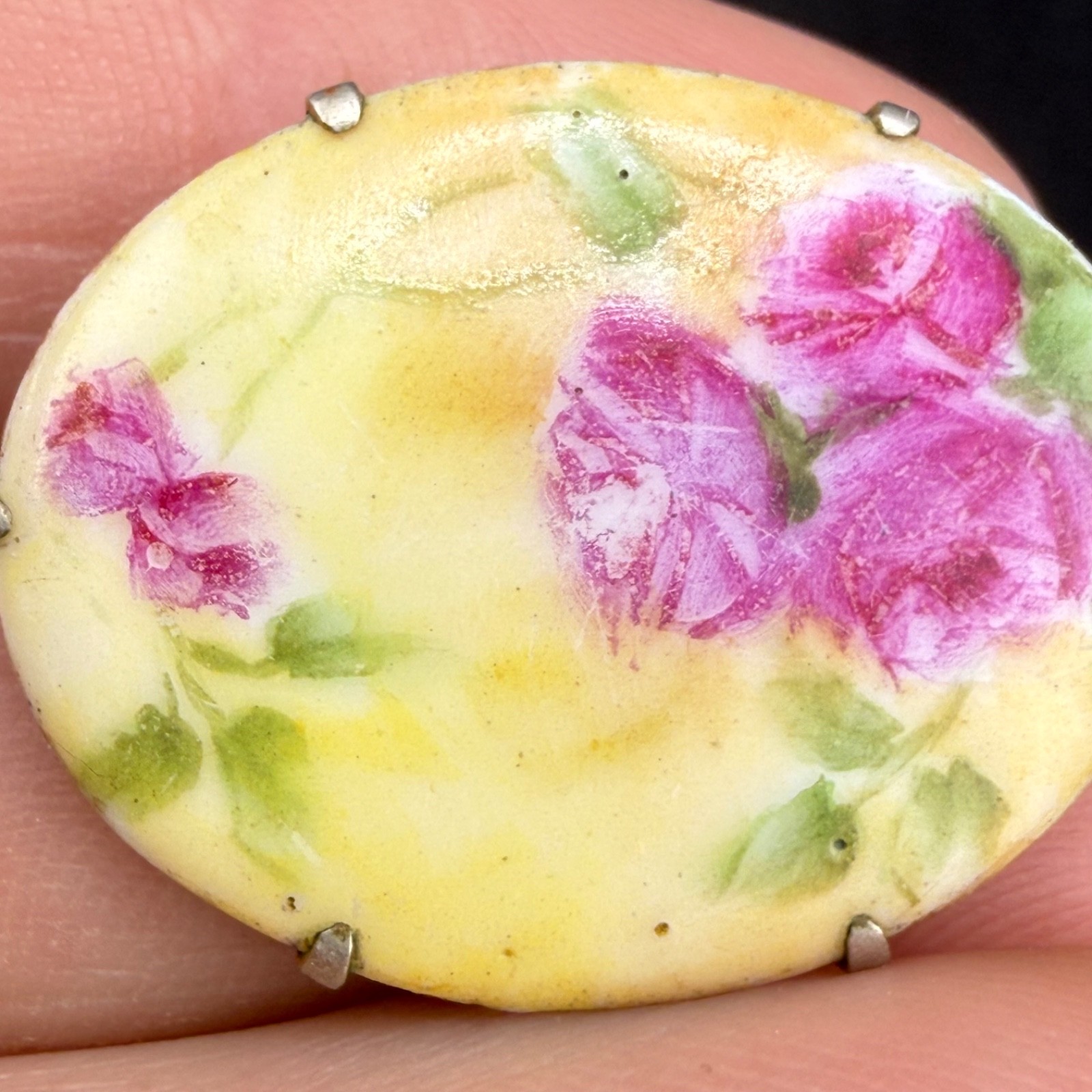Vintage Victorian Porcelain Brooch Hand Painted Flowers Pink