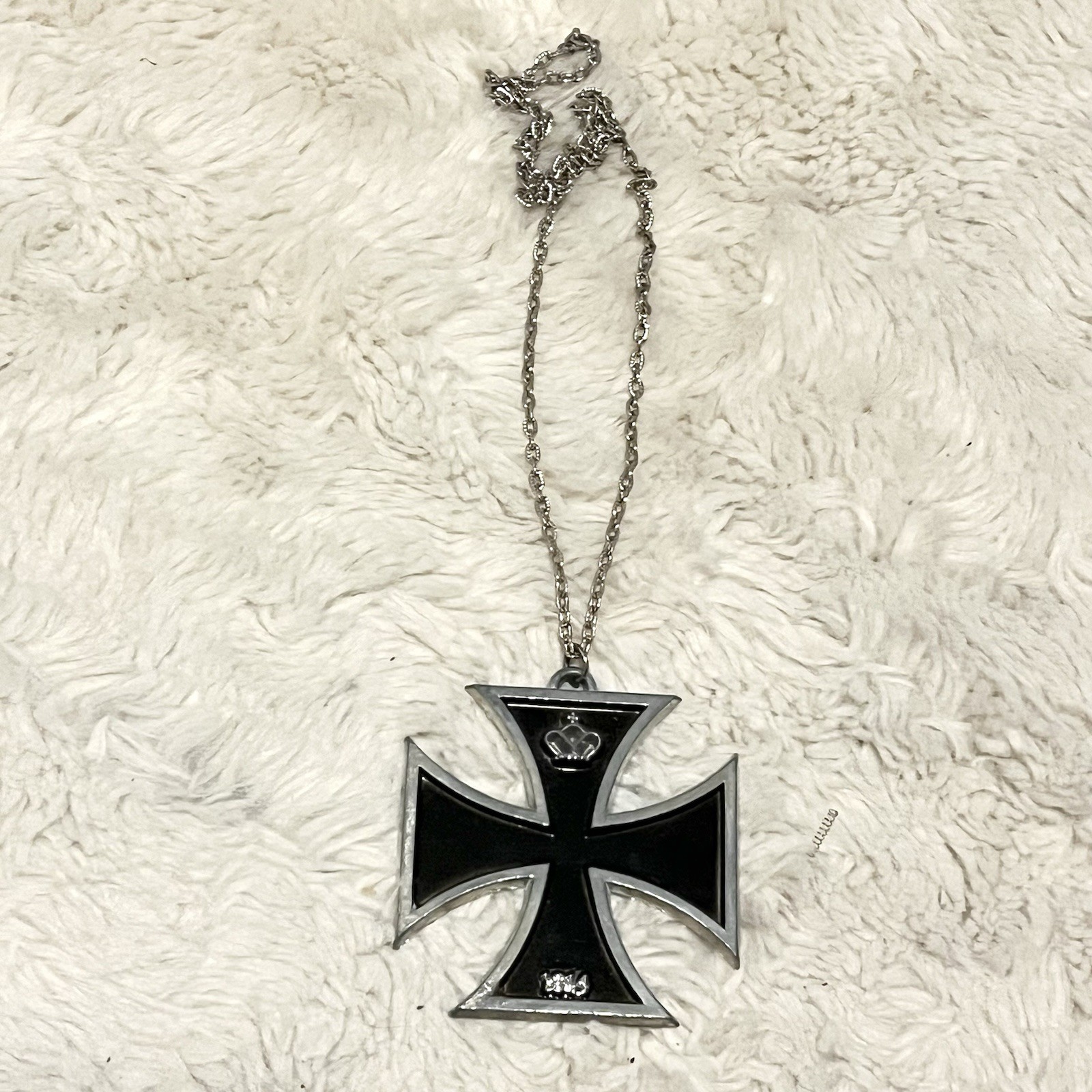1914 IRON CROSS PENDANT NECKLACE, MARKED JAPAN, WWI STYLE, BIKER Vtg Oversized