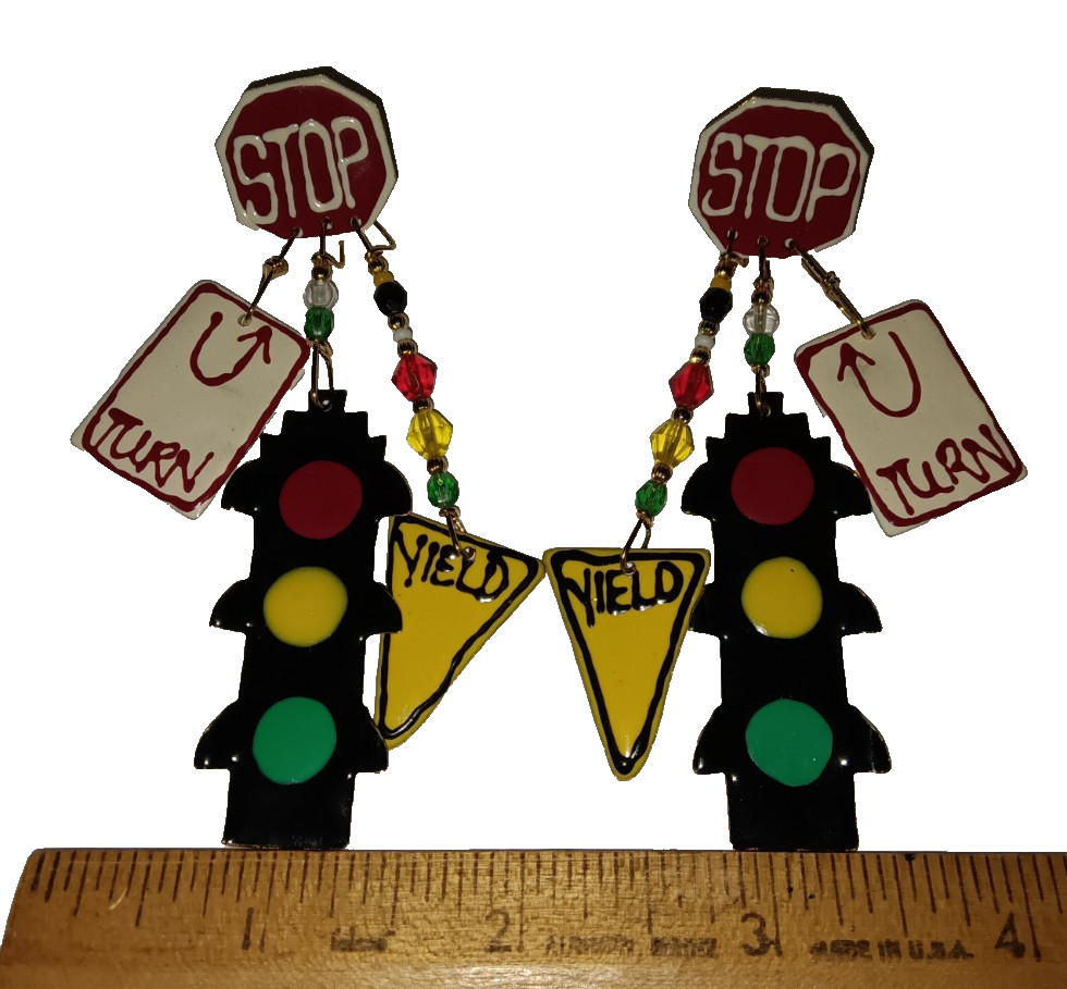 Vtg Enamel Lunch at Ritz Stop Sign Signals Traffic Light Pierced Dangle Earrings