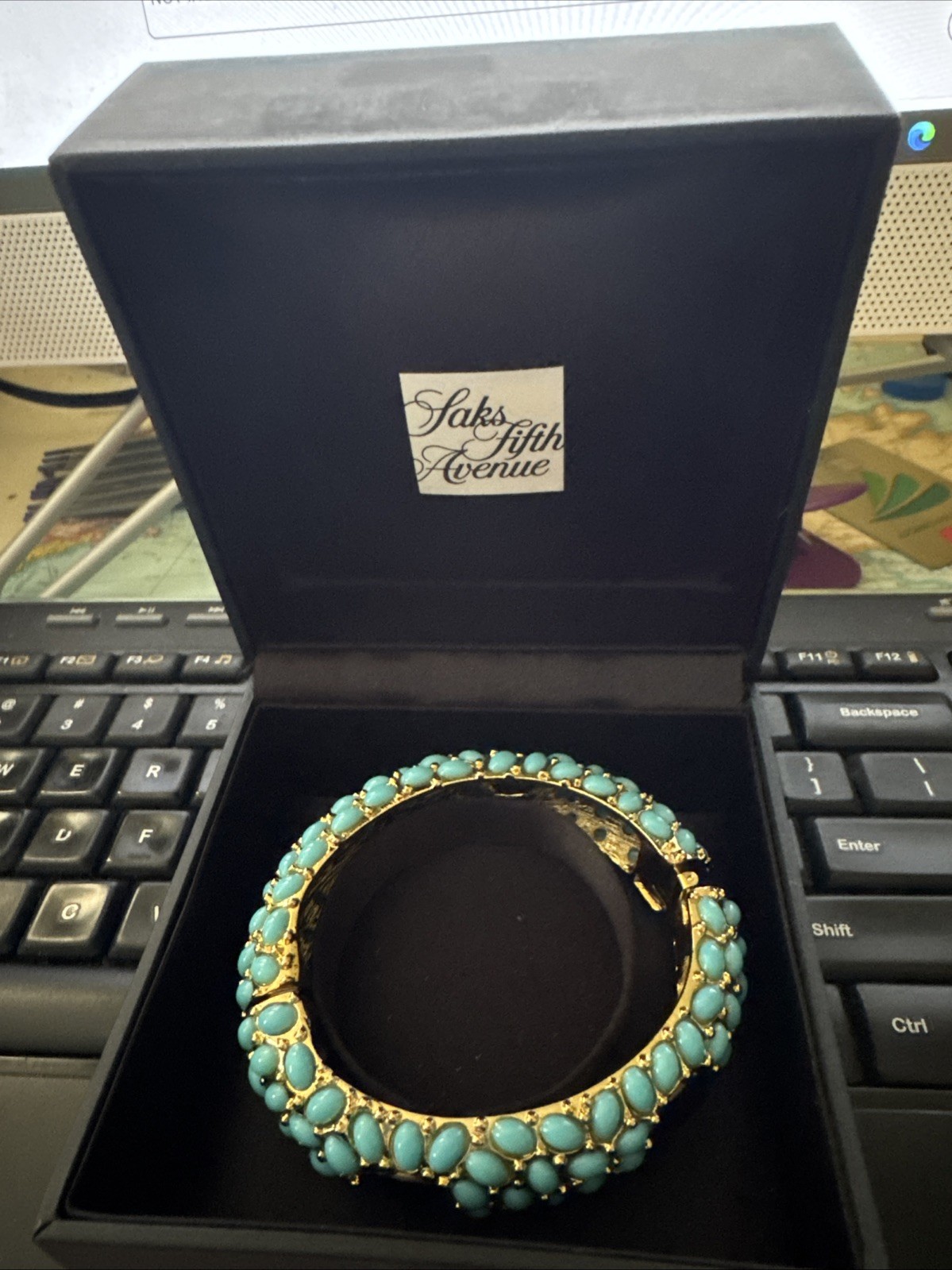 KJL Kenneth Jay Lane Gold Plated Turquoise Cabochon Hinged Bracelet 6-6.5″