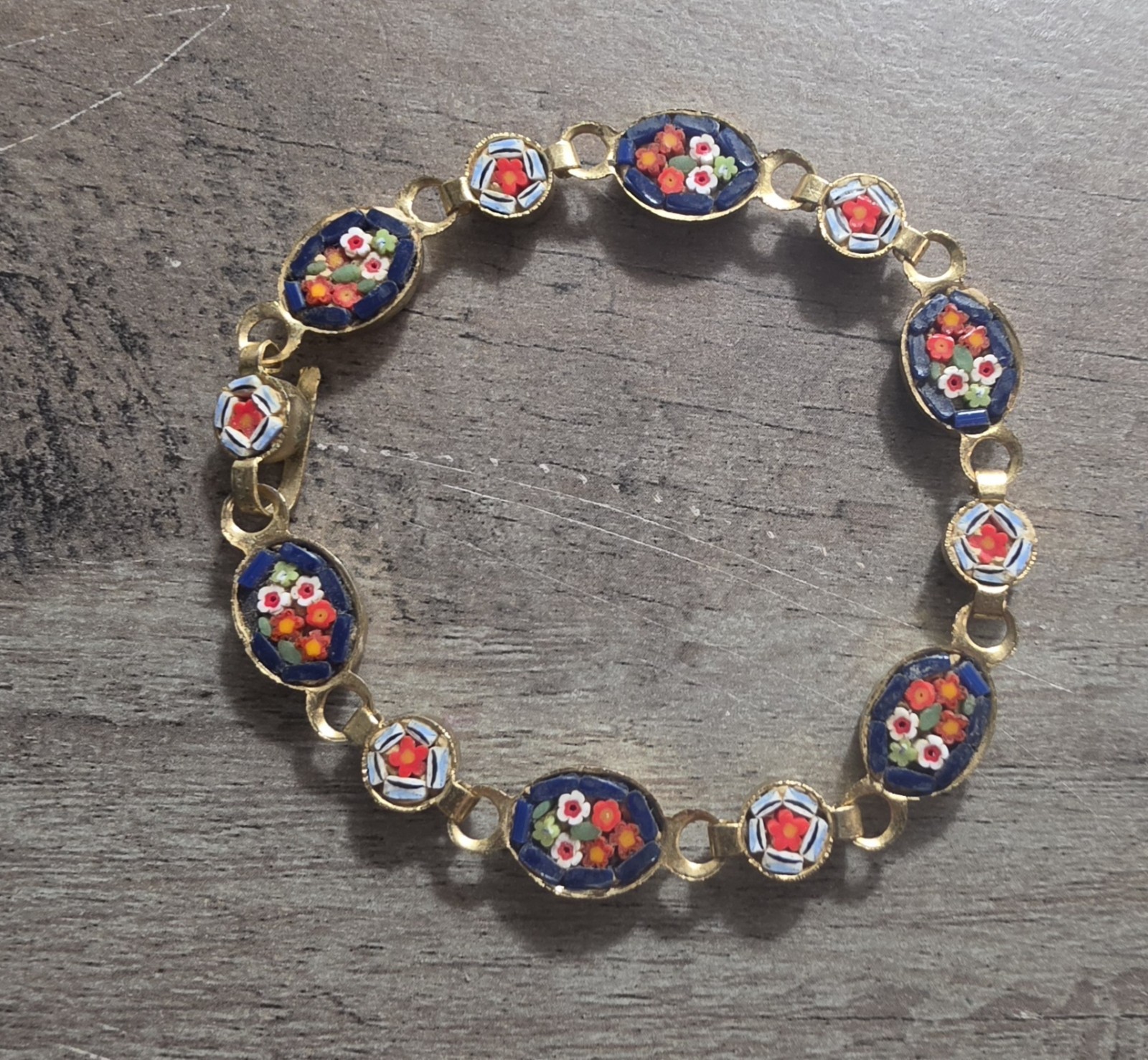 Vintage Micro Mosaic Multi Color Floral Design Linked Bracelet