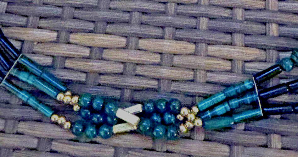 Vintage Malachite Triple Strand Beaded Necklace With Gold Bead Accents And Bars