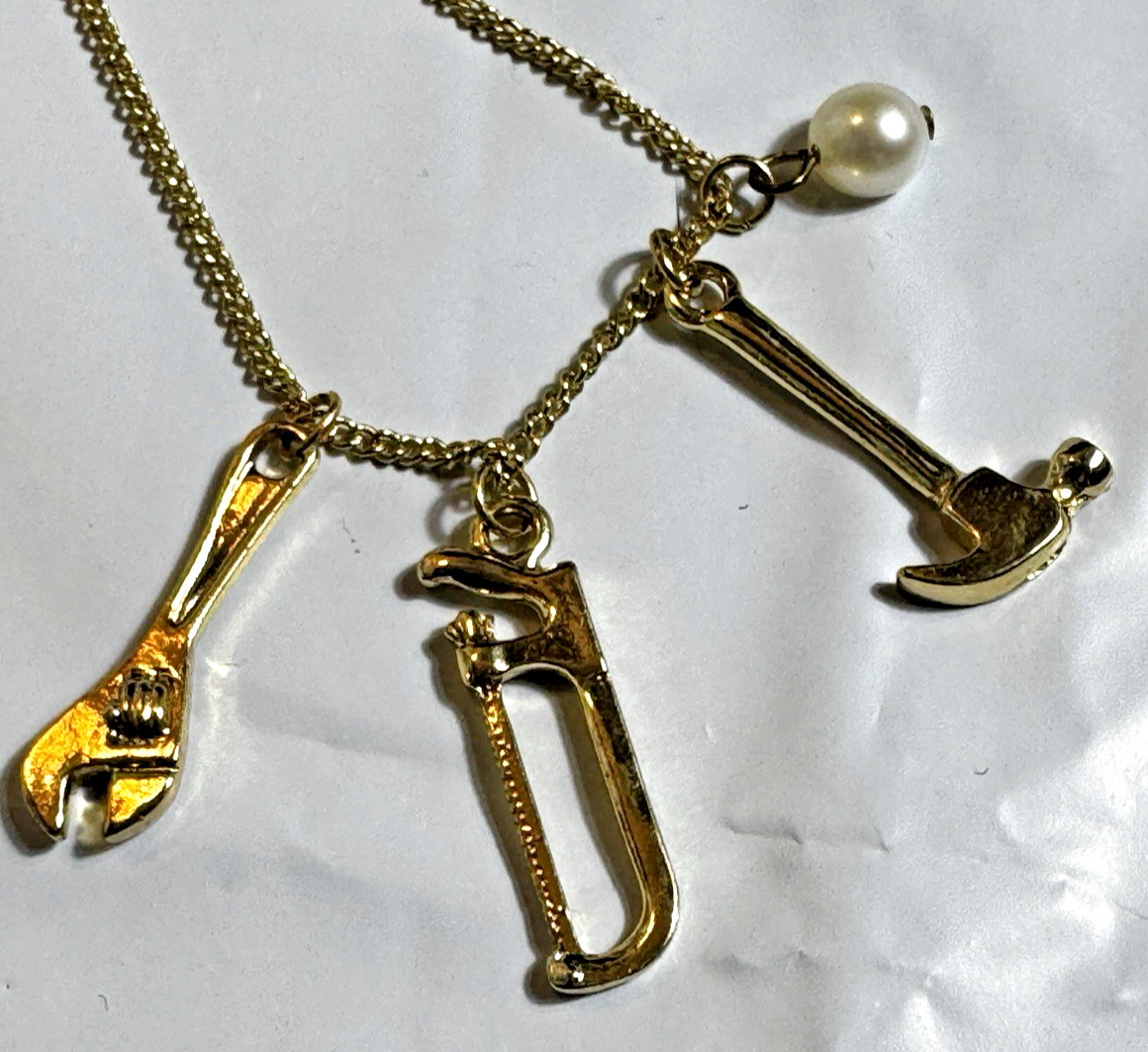Vintage Gold Tone Necklace Pendant Charm Tool Box Saw Hammer Wrench Construction