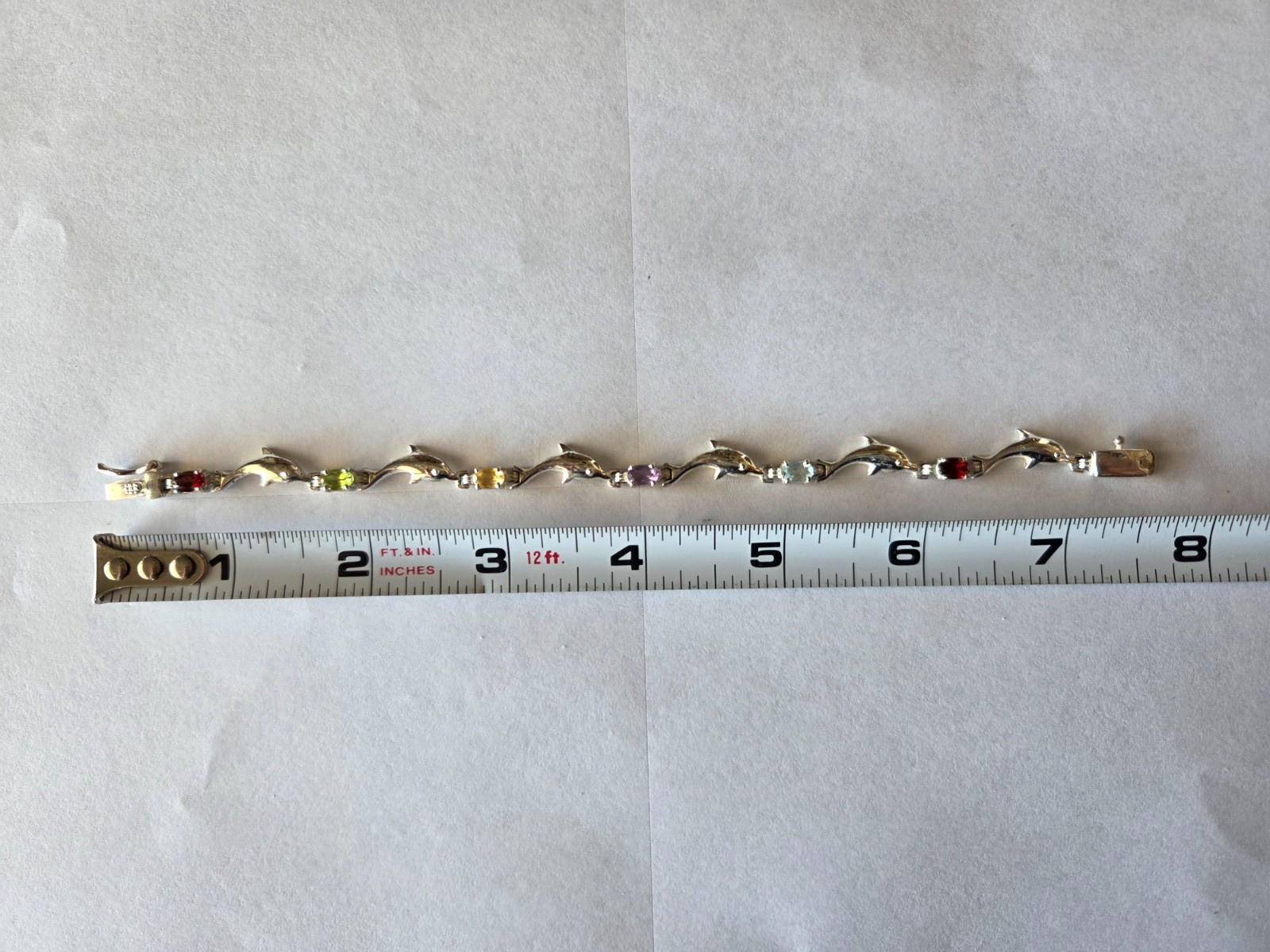 Sterling Silver Vintage 925 Dolphin Link Multi-Stone Bracelet
