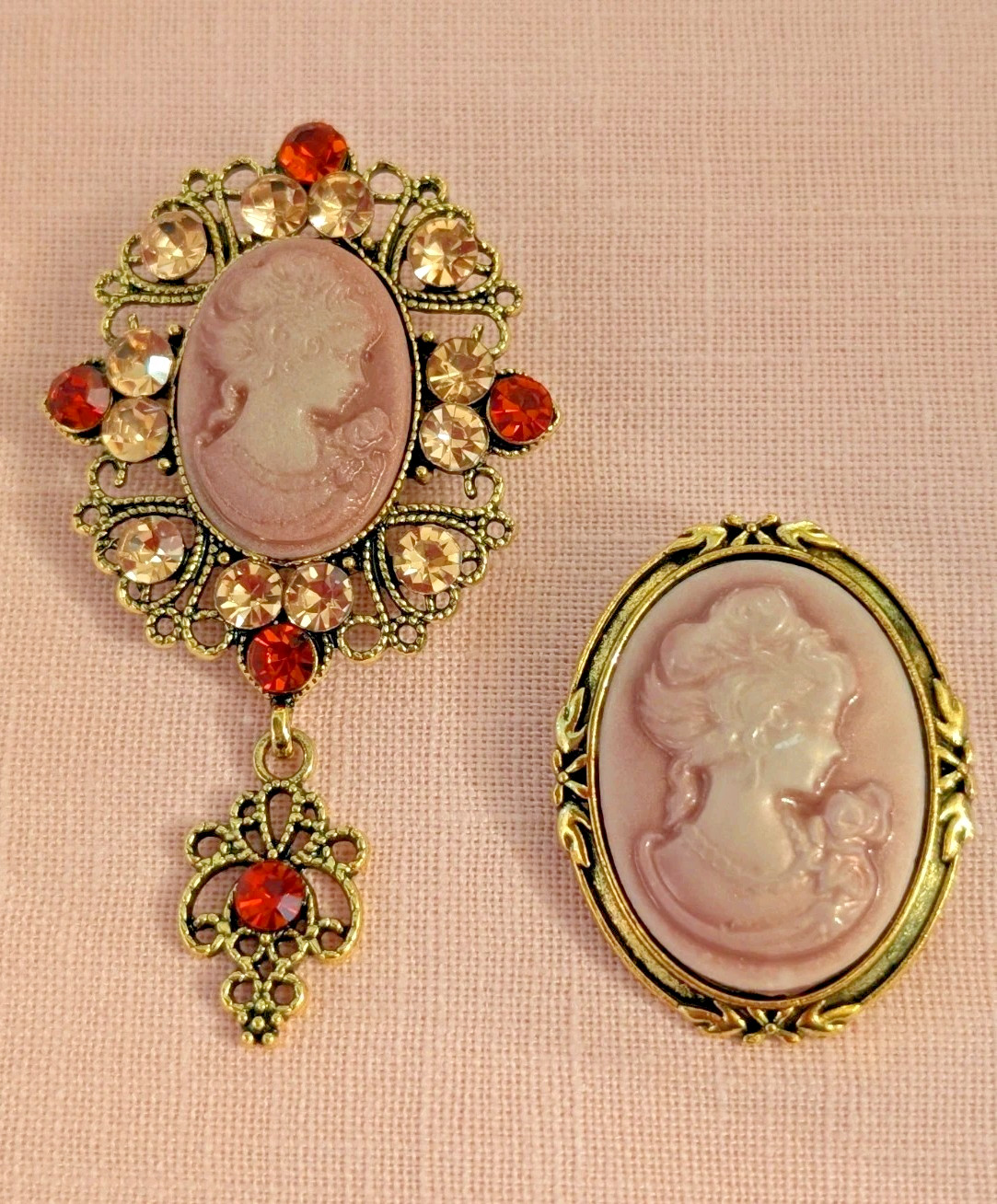 Pink Cameo Brooch Pair Duo Victorian Revival Gold-Tone Rhinestones With Dangle